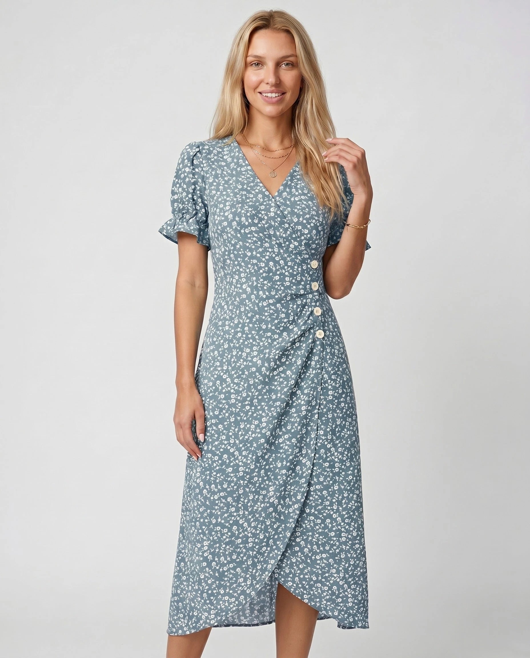 Robe portefeuille fleurie Bleu Poudre Zolena