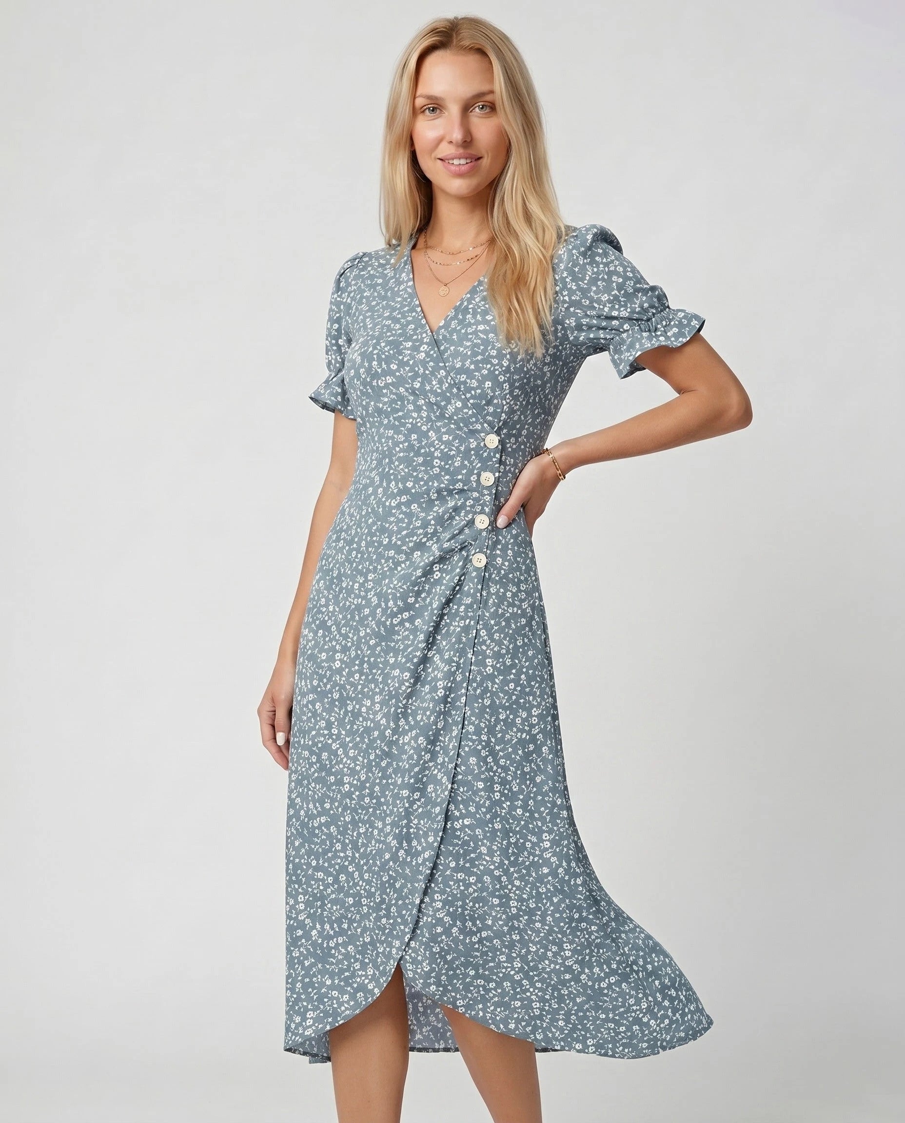Robe portefeuille fleurie Bleu Poudre Zolena