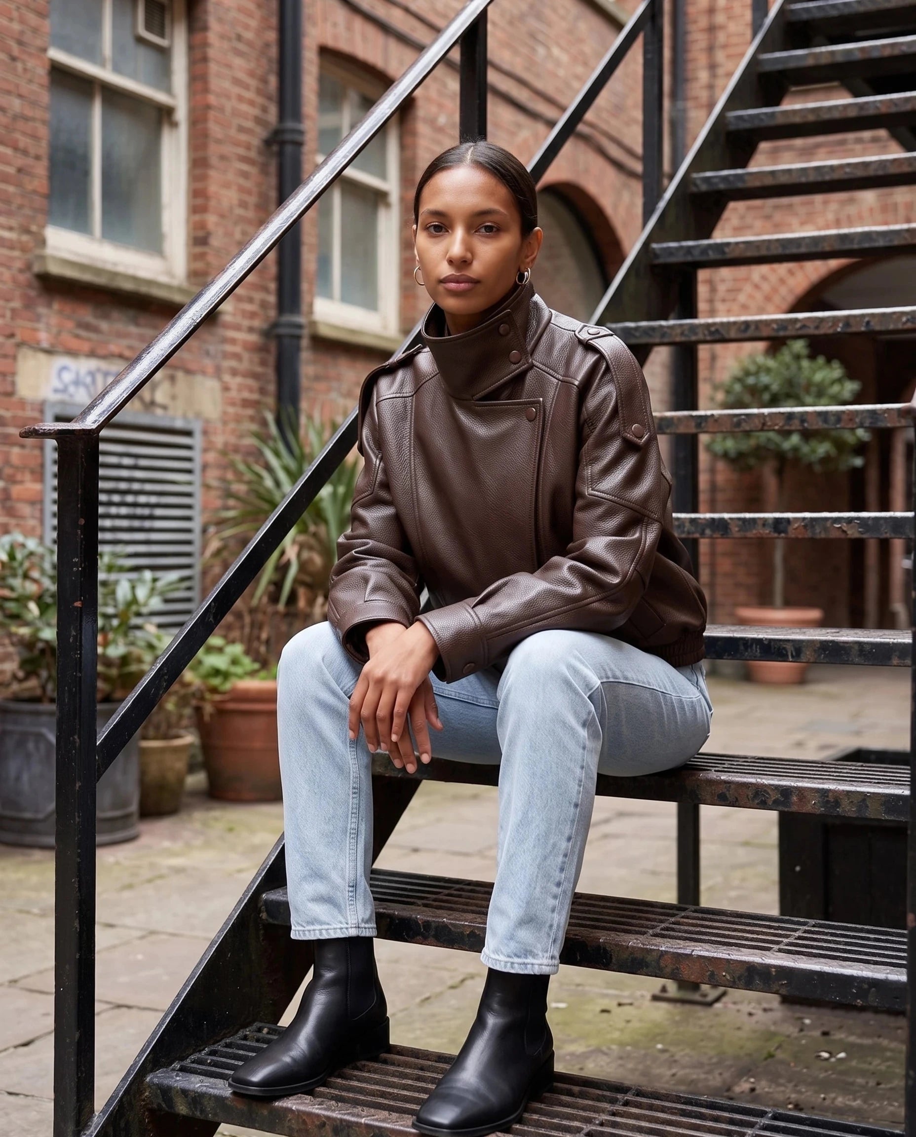 Blouson effet cuir marron Léocadie, porté assis sur un escalier urbain