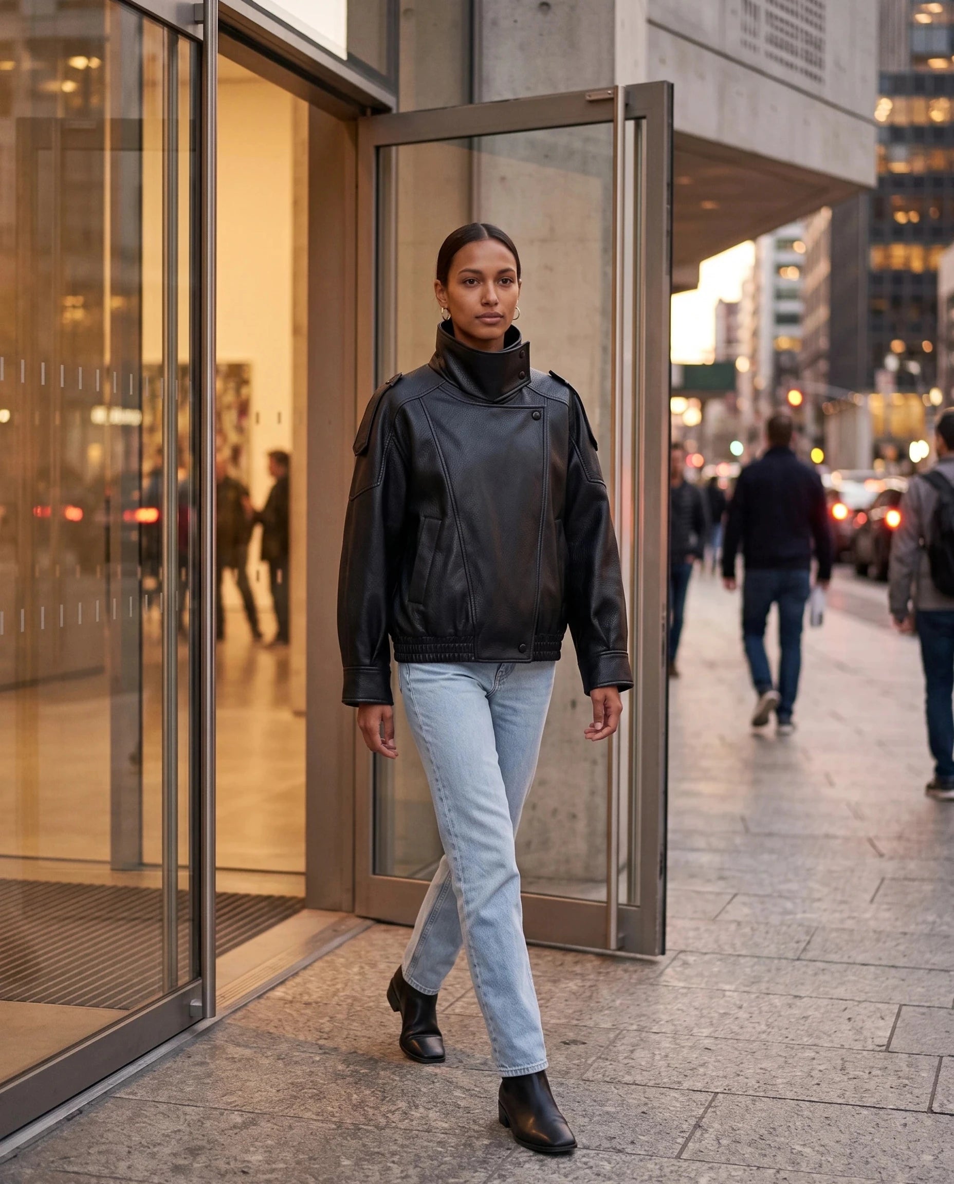 Blouson effet cuir noir Léocadie, porté à la sortie d'un musée en ville