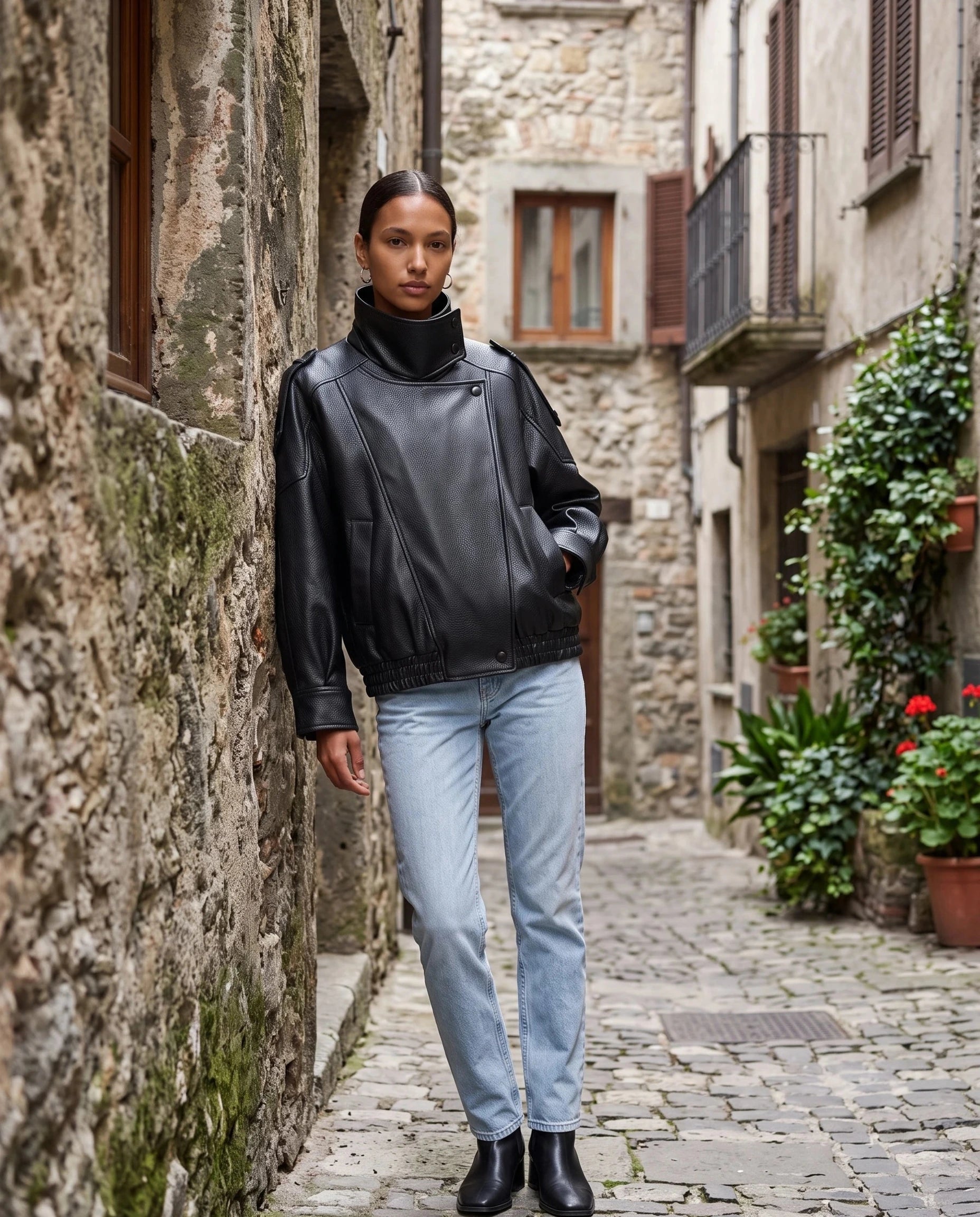 Blouson effet cuir noir Léocadie, porté dans une ruelle en pierre
