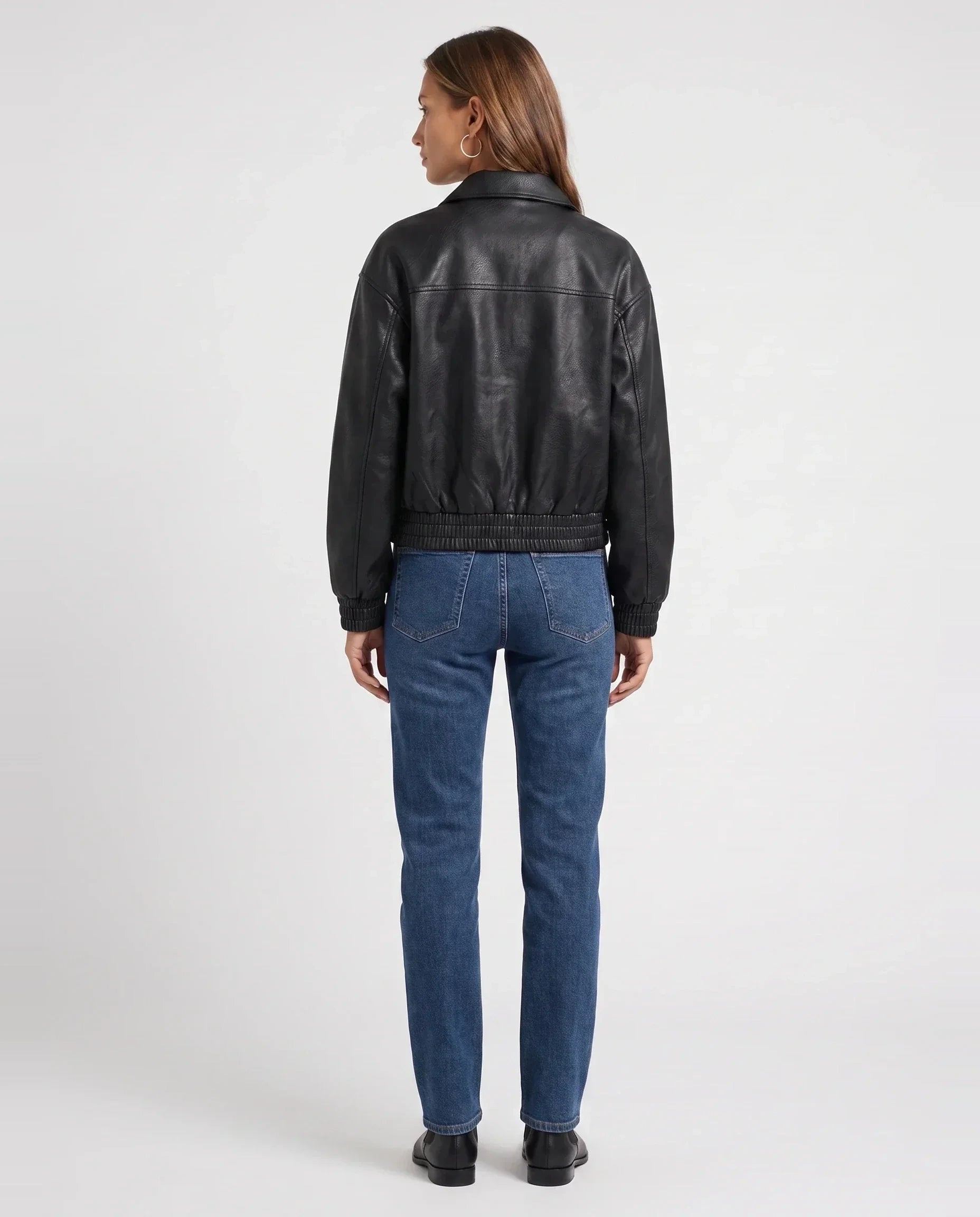 Blouson zippé effet cuir noir Pomeline, vue de dos en studio