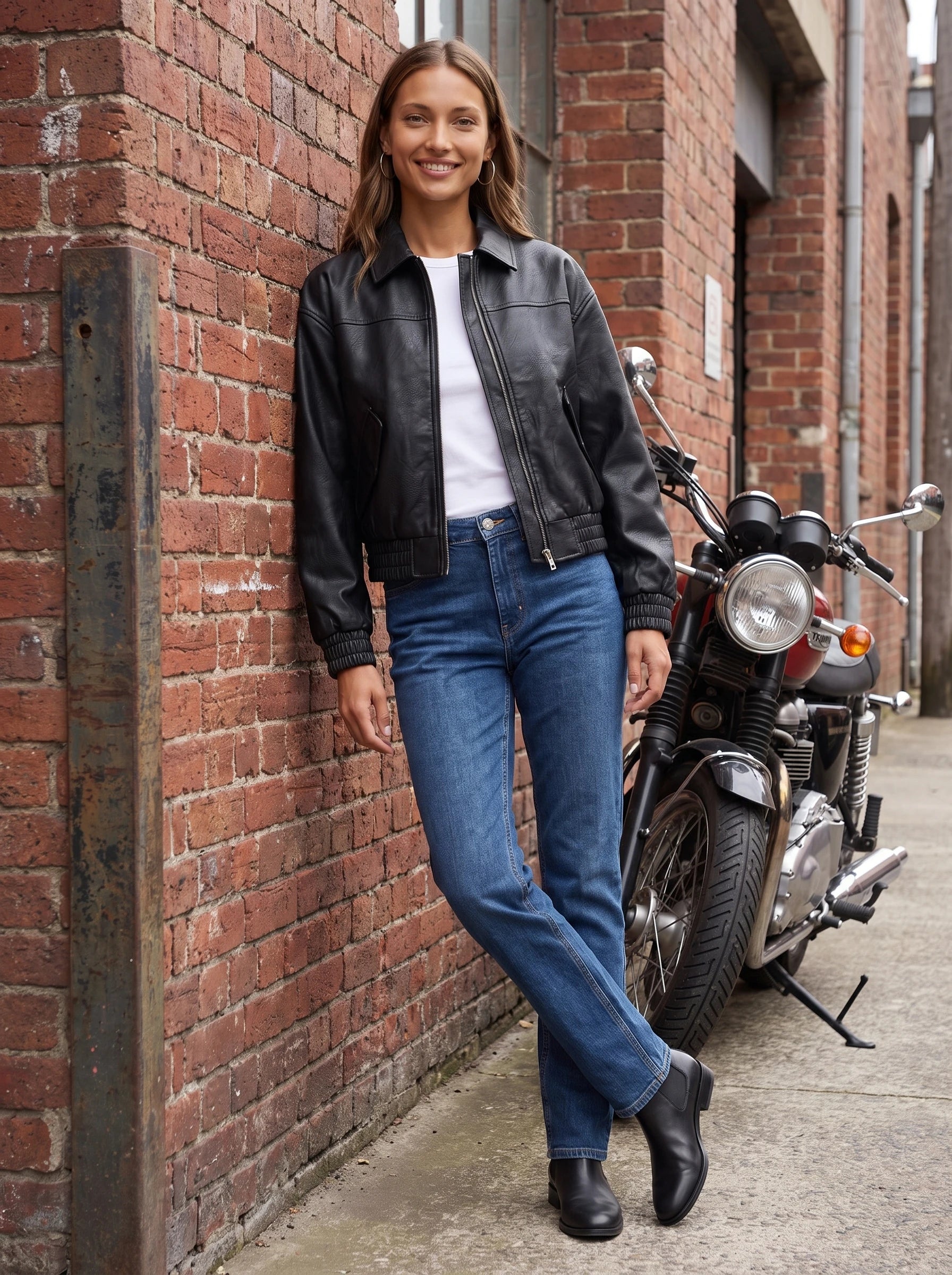 Blouson effet cuir noir Pomeline, porté adossée à un mur de briques près d'une moto vintage