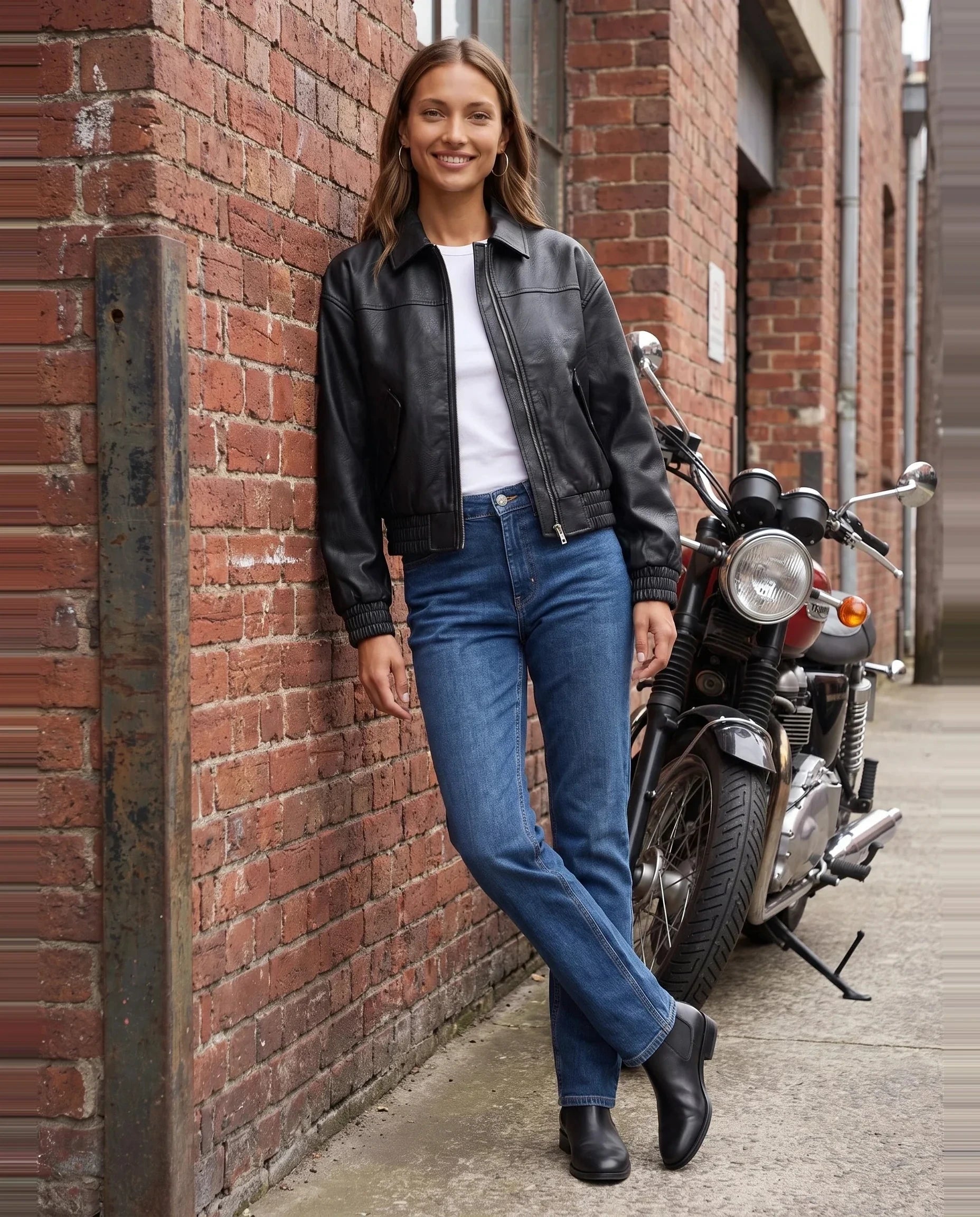 Blouson effet cuir noir Pomeline, porté adossée à un mur de briques près d'une moto vintage
