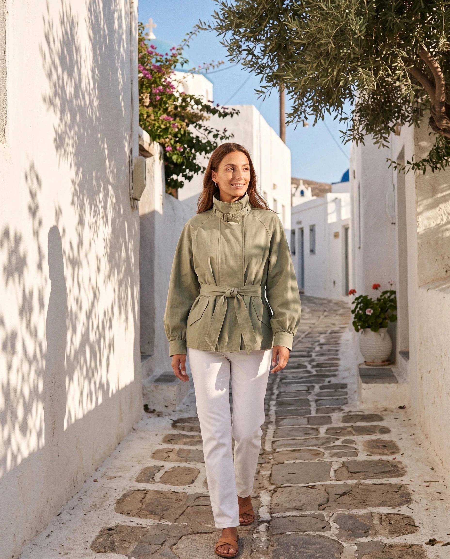Blouson fluide vert sauge Charline, porté dans une ruelle blanchie ensoleillée