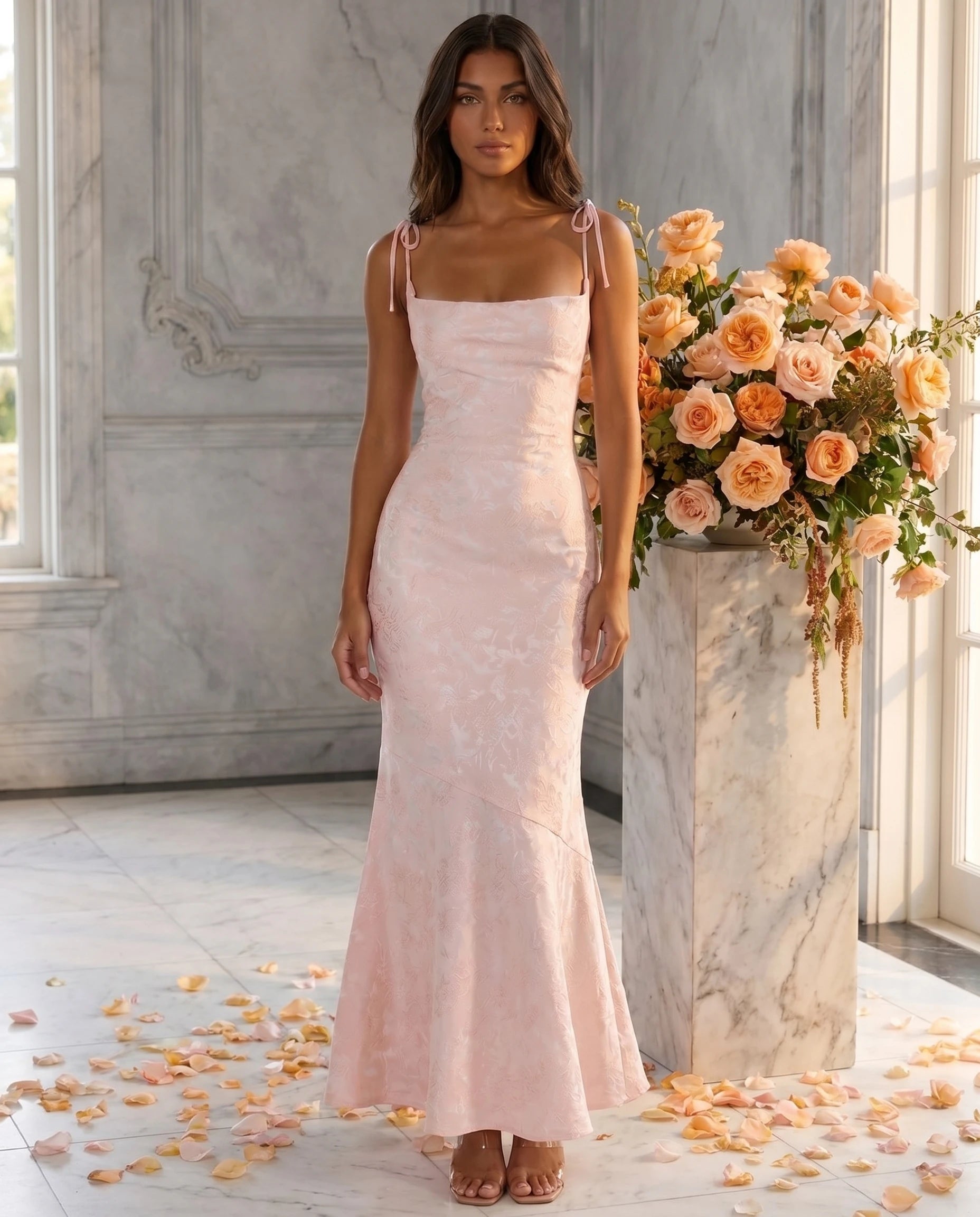Robe longue rose poudré cérémonie mariage face