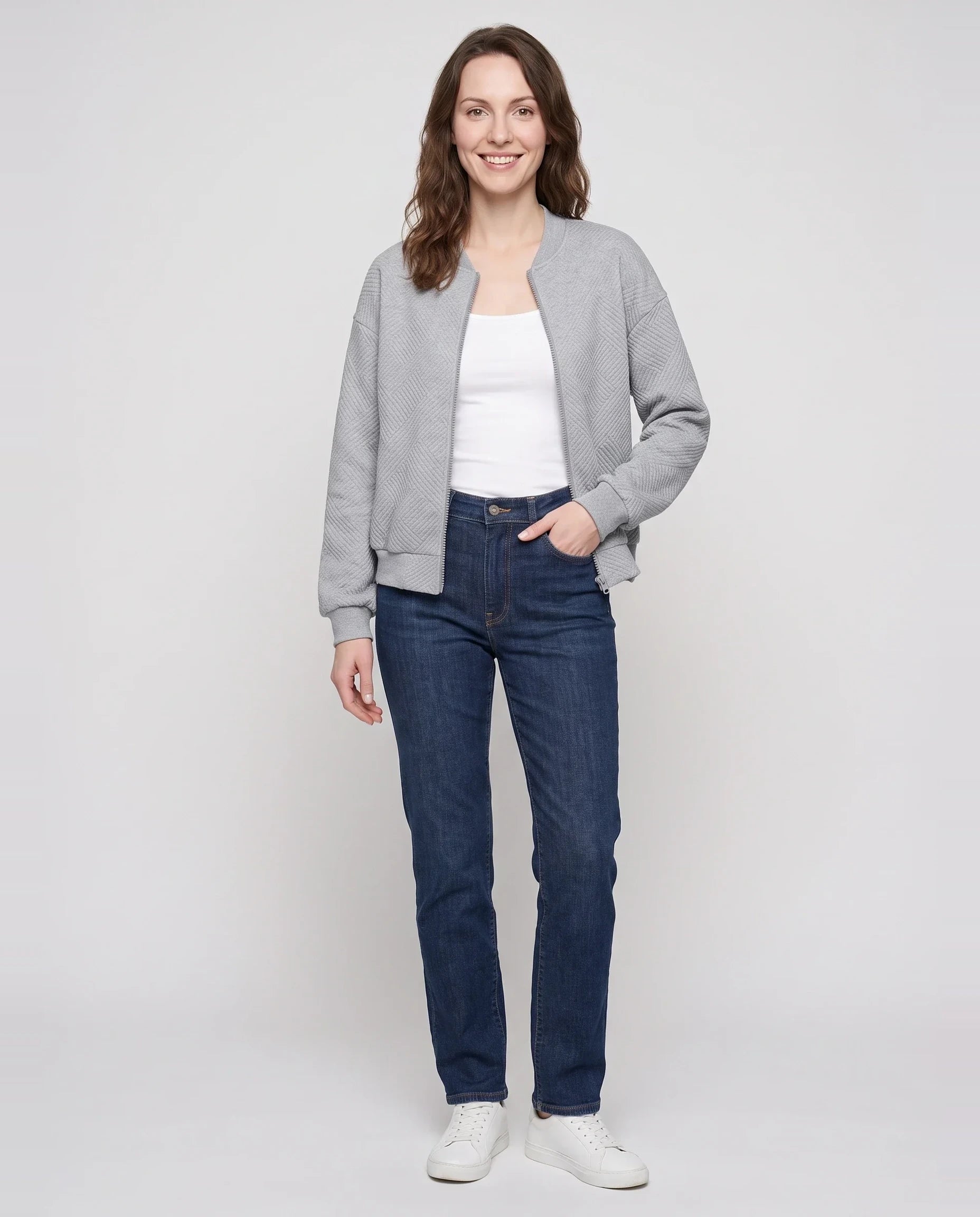 Bomber léger en jersey texturé gris chiné Rolande, vue de face en studio