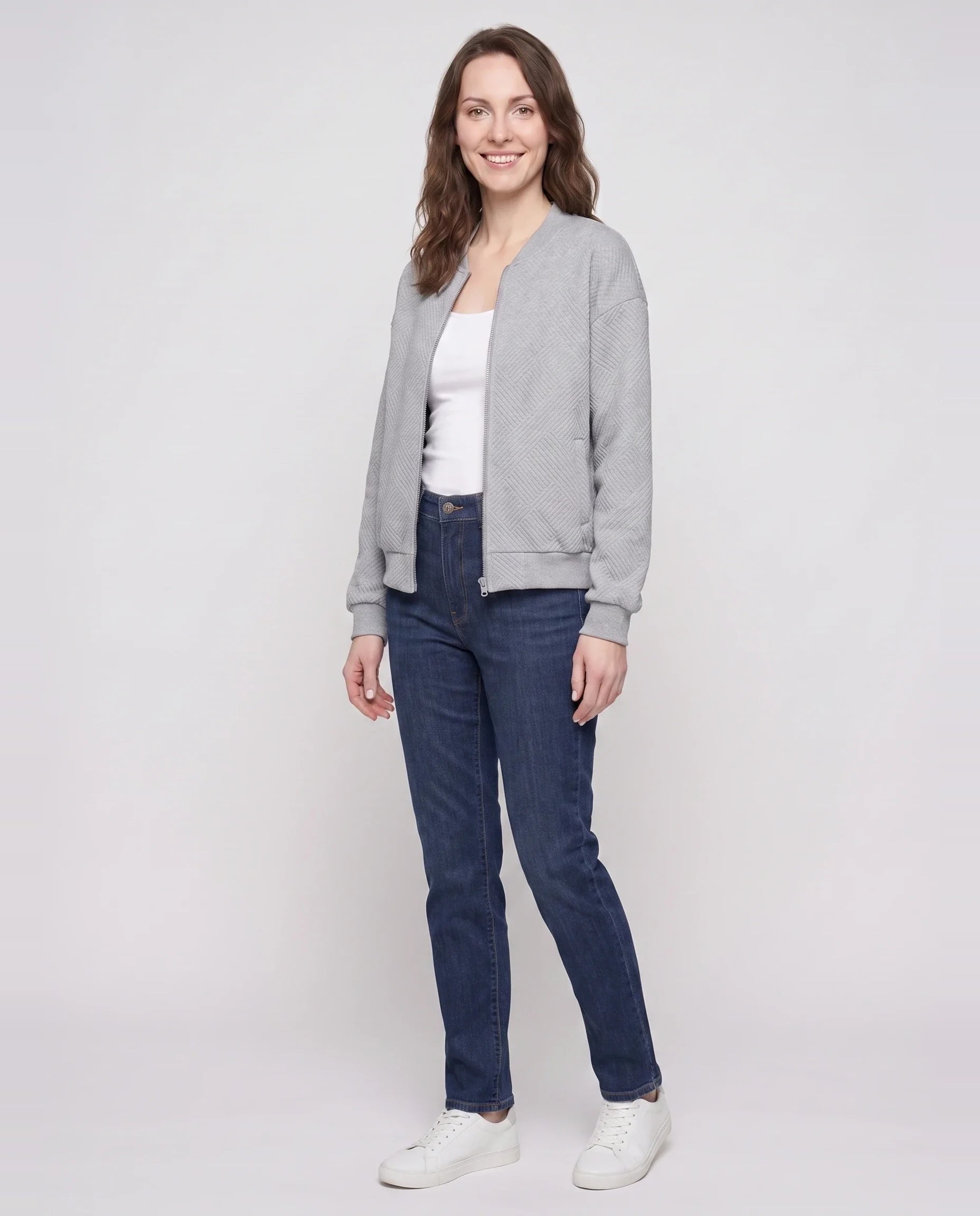Bomber léger en jersey texturé gris chiné Rolande, vue de trois quarts en studio