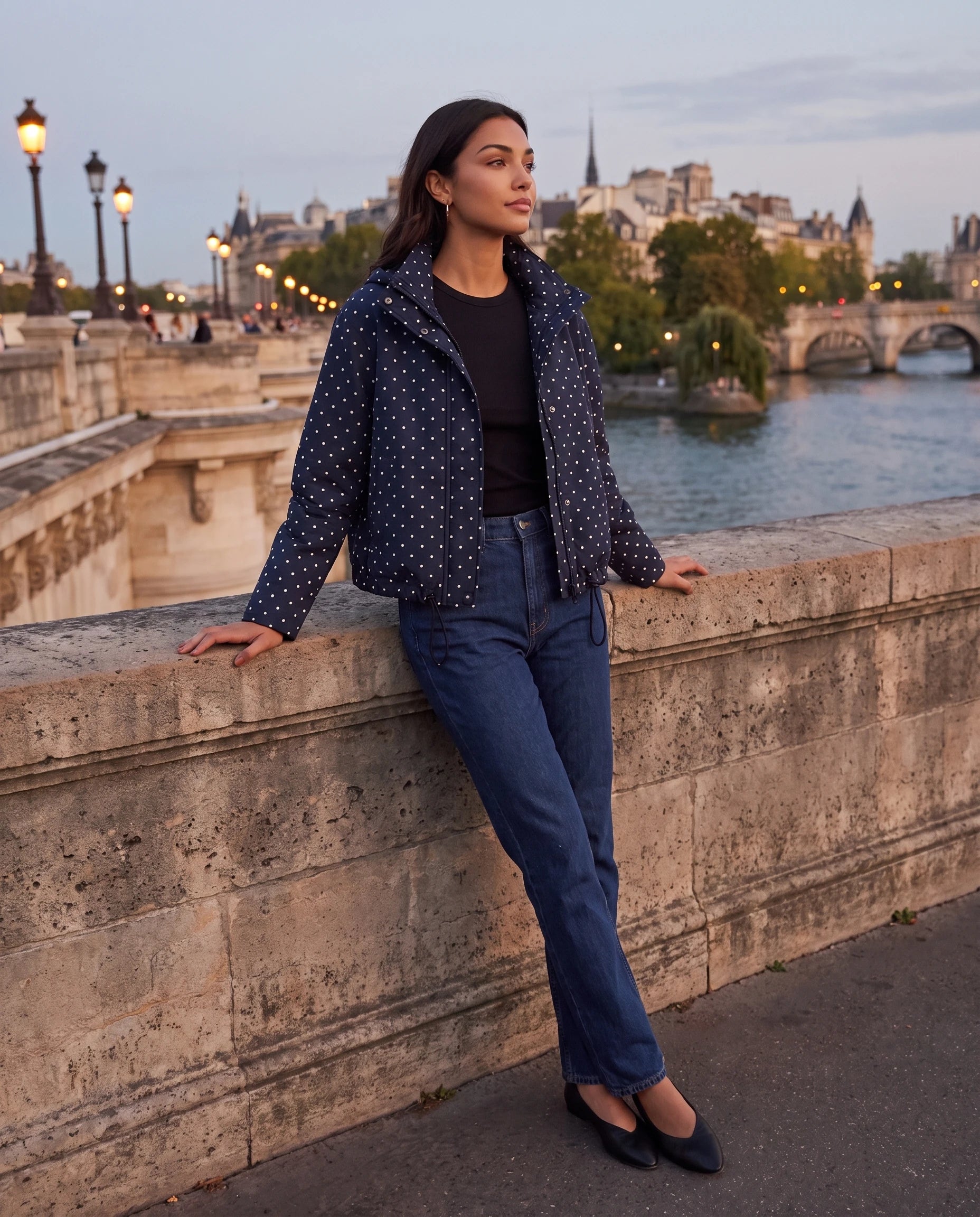 Bomber court à pois bleu marine Suzette, porté sur un quai de Seine au crépuscule