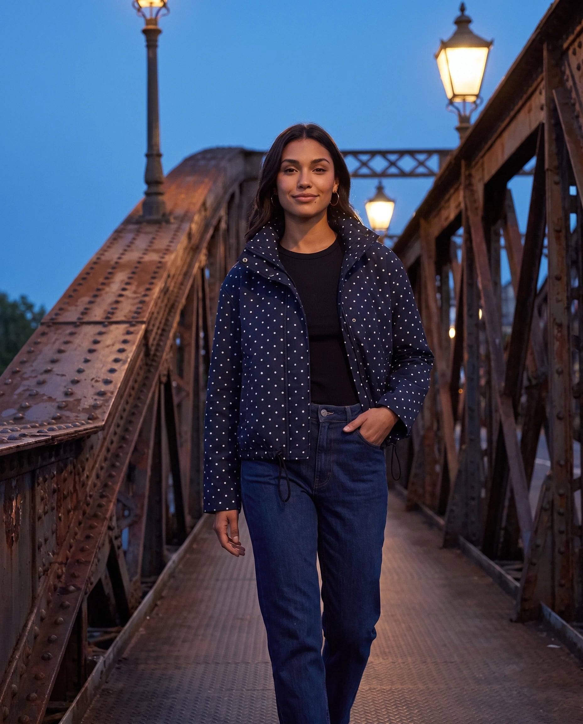 Bomber court à pois bleu marine Suzette, porté sur une passerelle métallique le soir