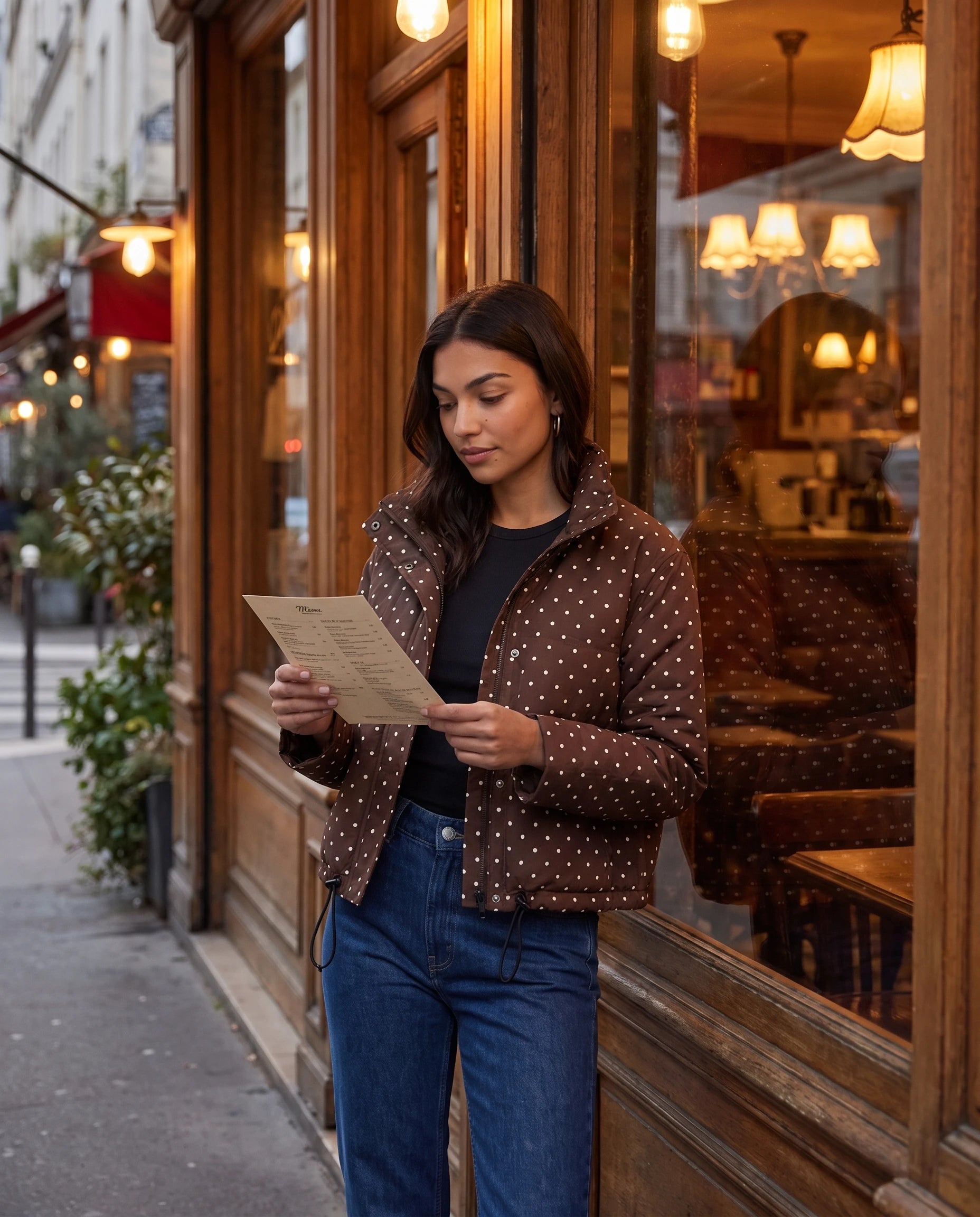 Bomber court à pois chocolat Suzette, porté devant un café vintage en soirée