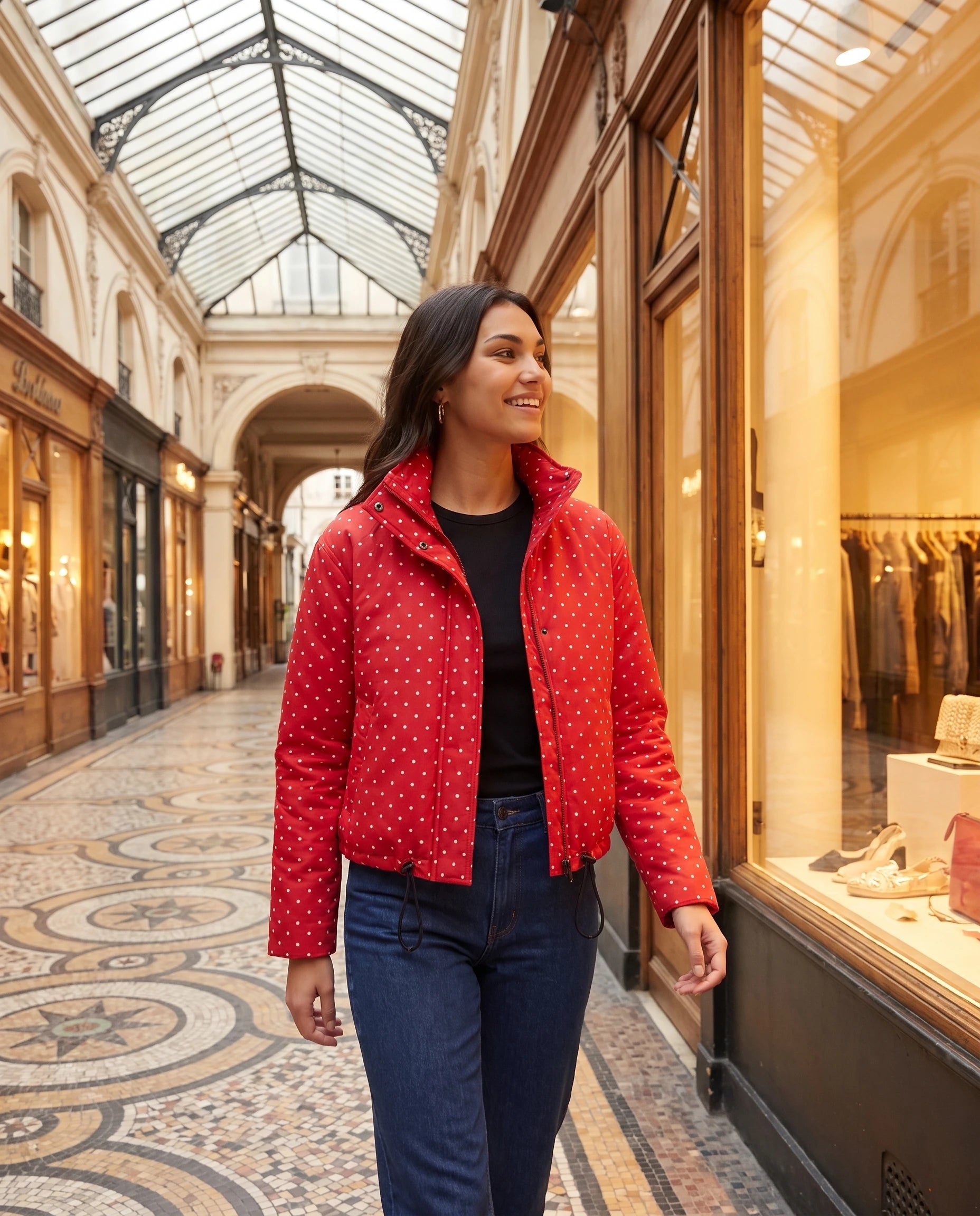 Bomber court à pois rouge Suzette, porté dans une galerie couverte parisienne