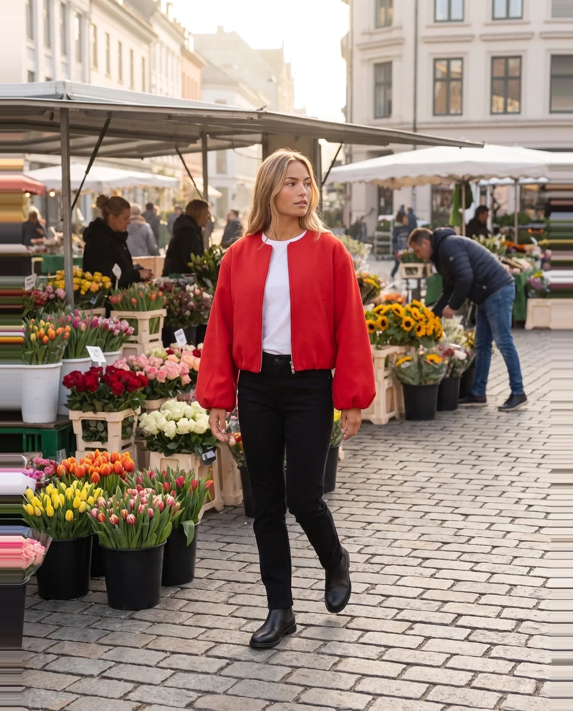 Bomber lainage rouge Ambroisine, porté dans un marché aux fleurs