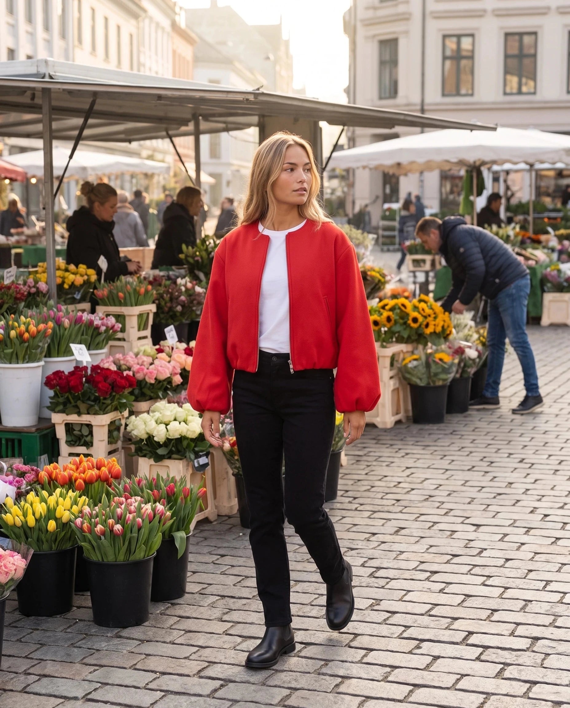 Bomber lainage rouge Ambroisine, porté dans un marché aux fleurs