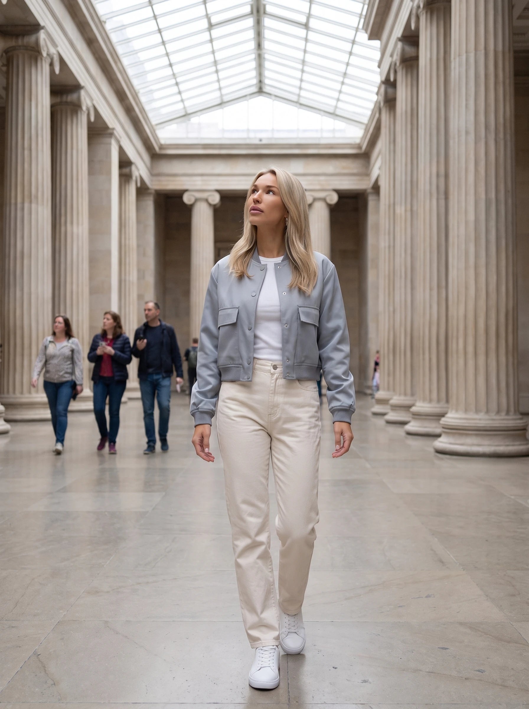 Bomber satiné bleu gris Aurélie, porté dans un atrium de musée à colonnes