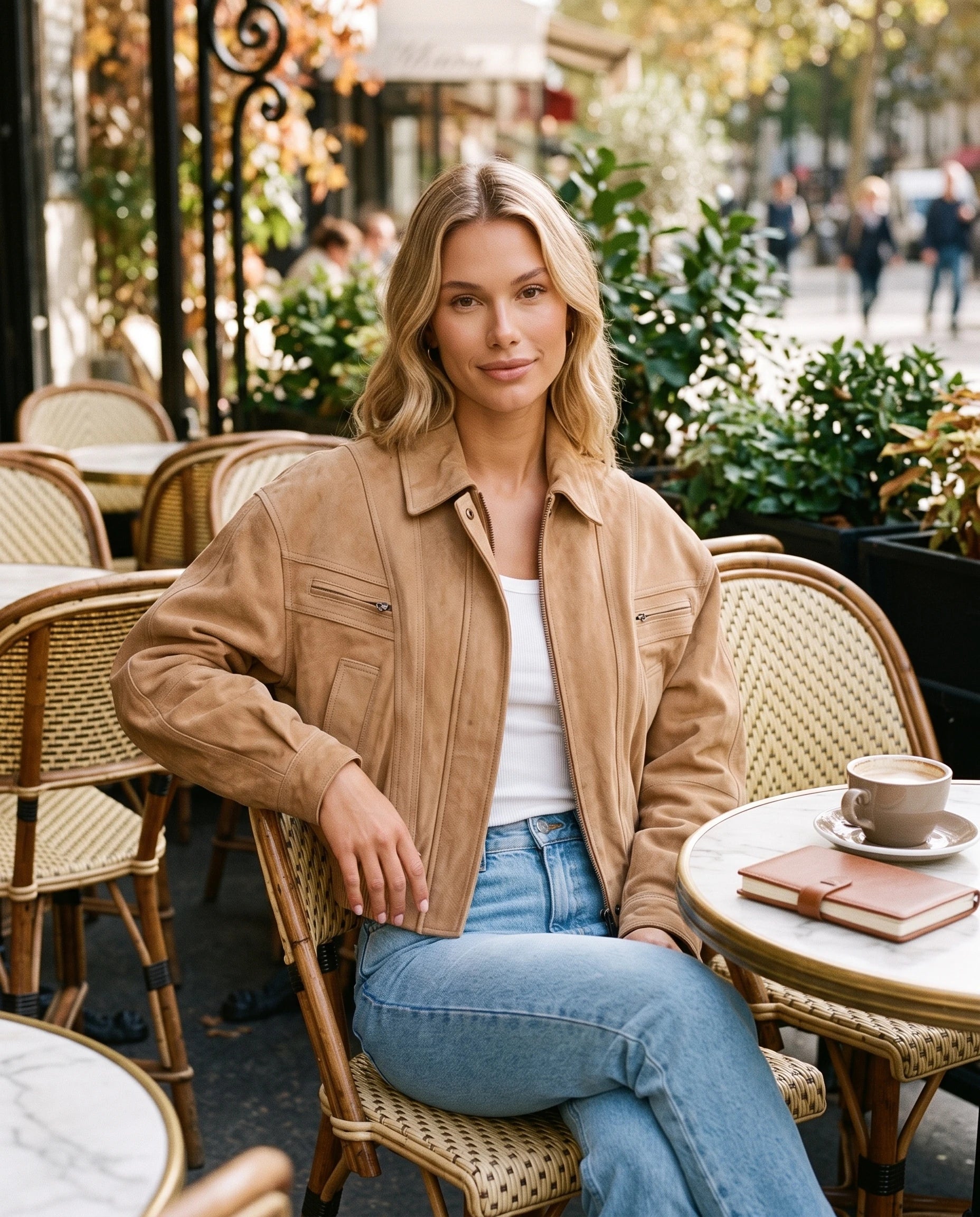 Bomber court en suédine camel Sylvine, porté en terrasse de café en automne