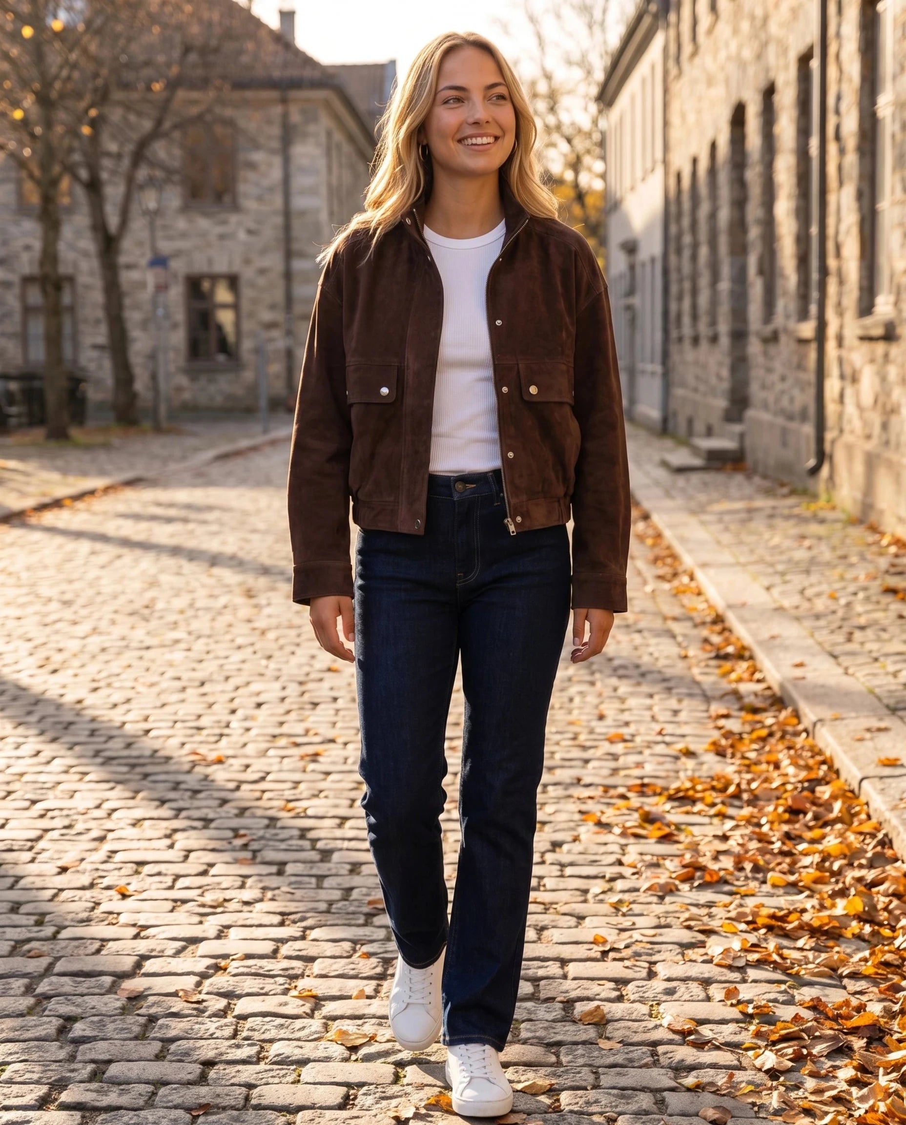 Bomber en suédine chocolat Gratienne, porté dans une rue pavée aux feuilles d'automne
