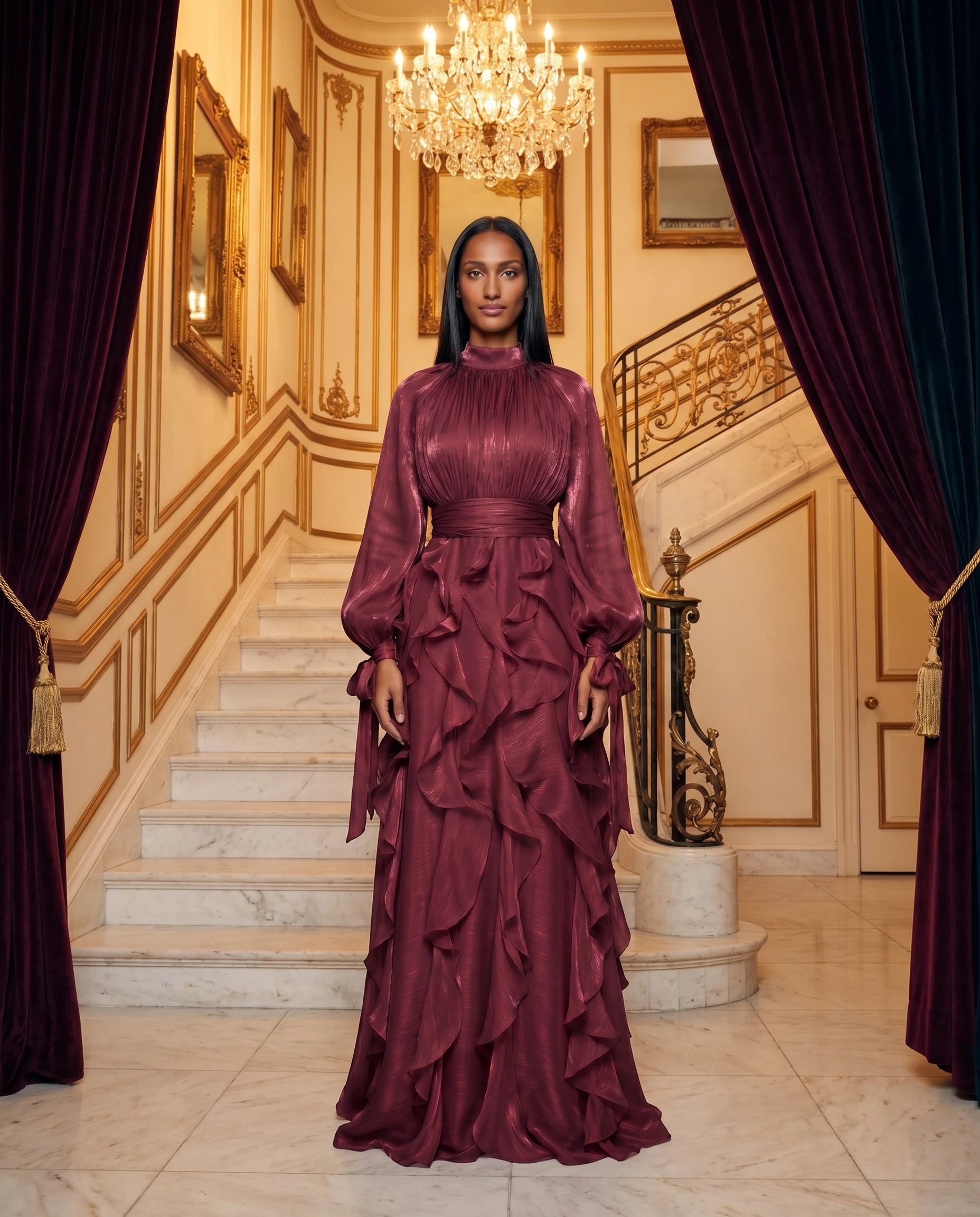 Robe de soiree longue a volants bordeaux foyer dore escalier marbre