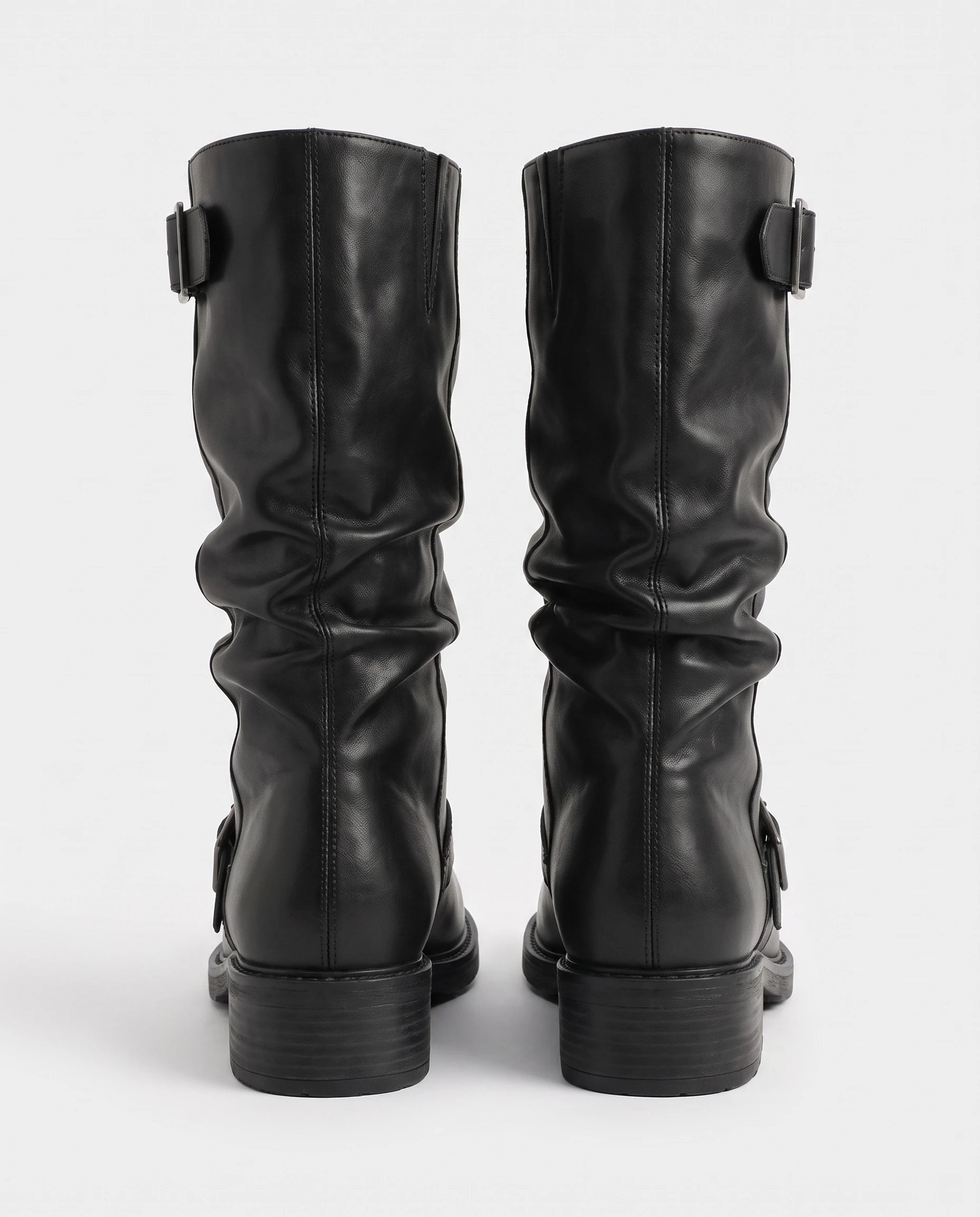 Bottes mi-mollet à boucles effet cuir Orlane — Noir, paire vue de dos, plis de tige et talon carré