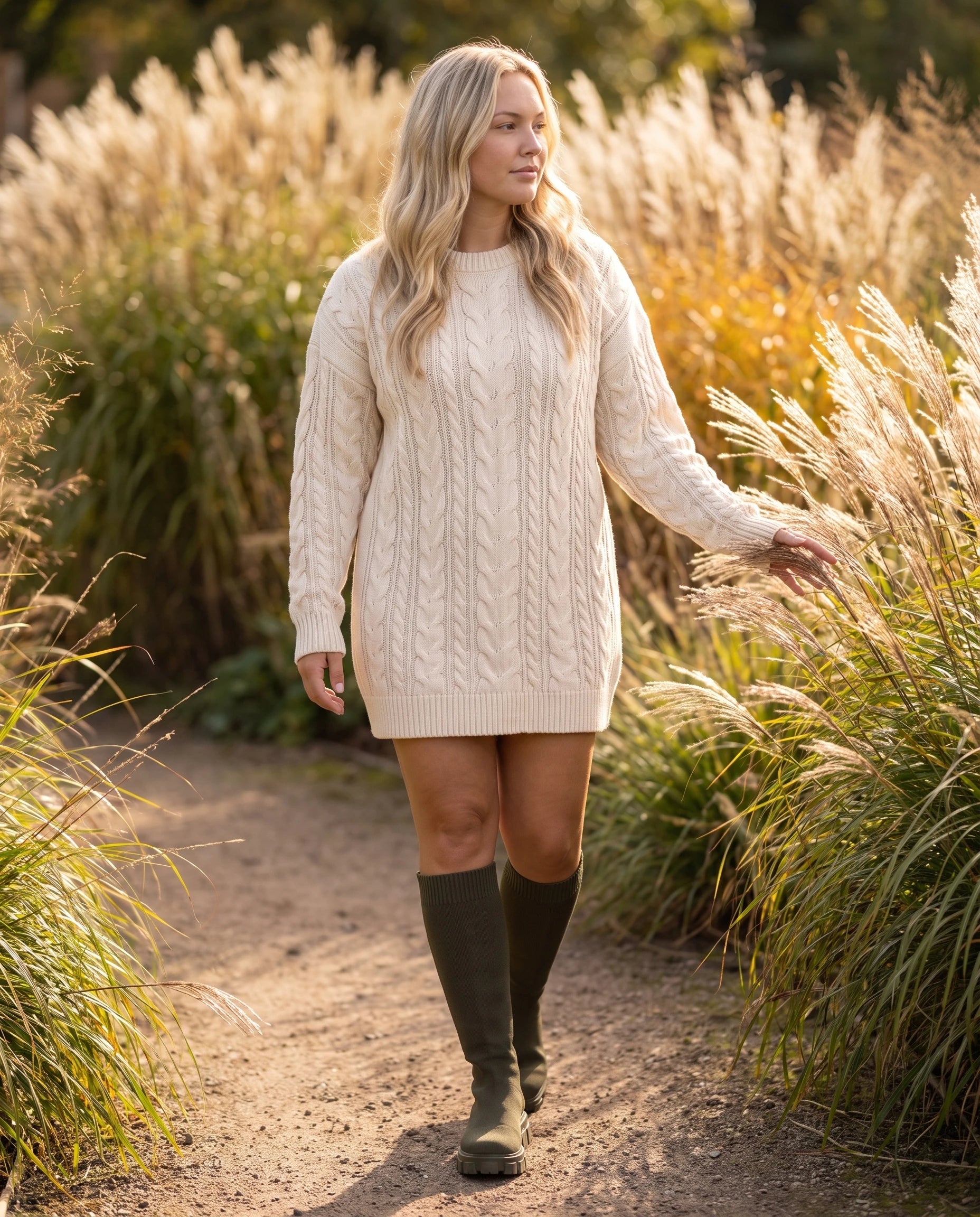 Bottes chaussettes hautes en maille Sylvette — Kaki, portées dans une allée de graminées en fin d'été
