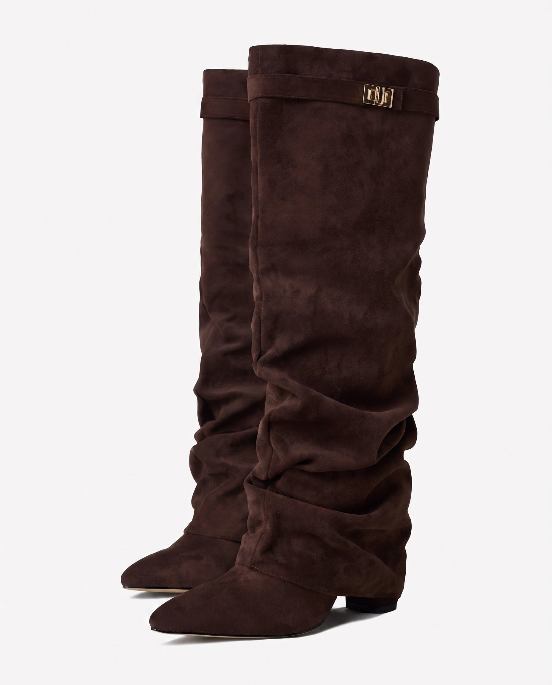 Bottes hautes slouchy en suédine Athénaïs — Chocolat, paire vue de face