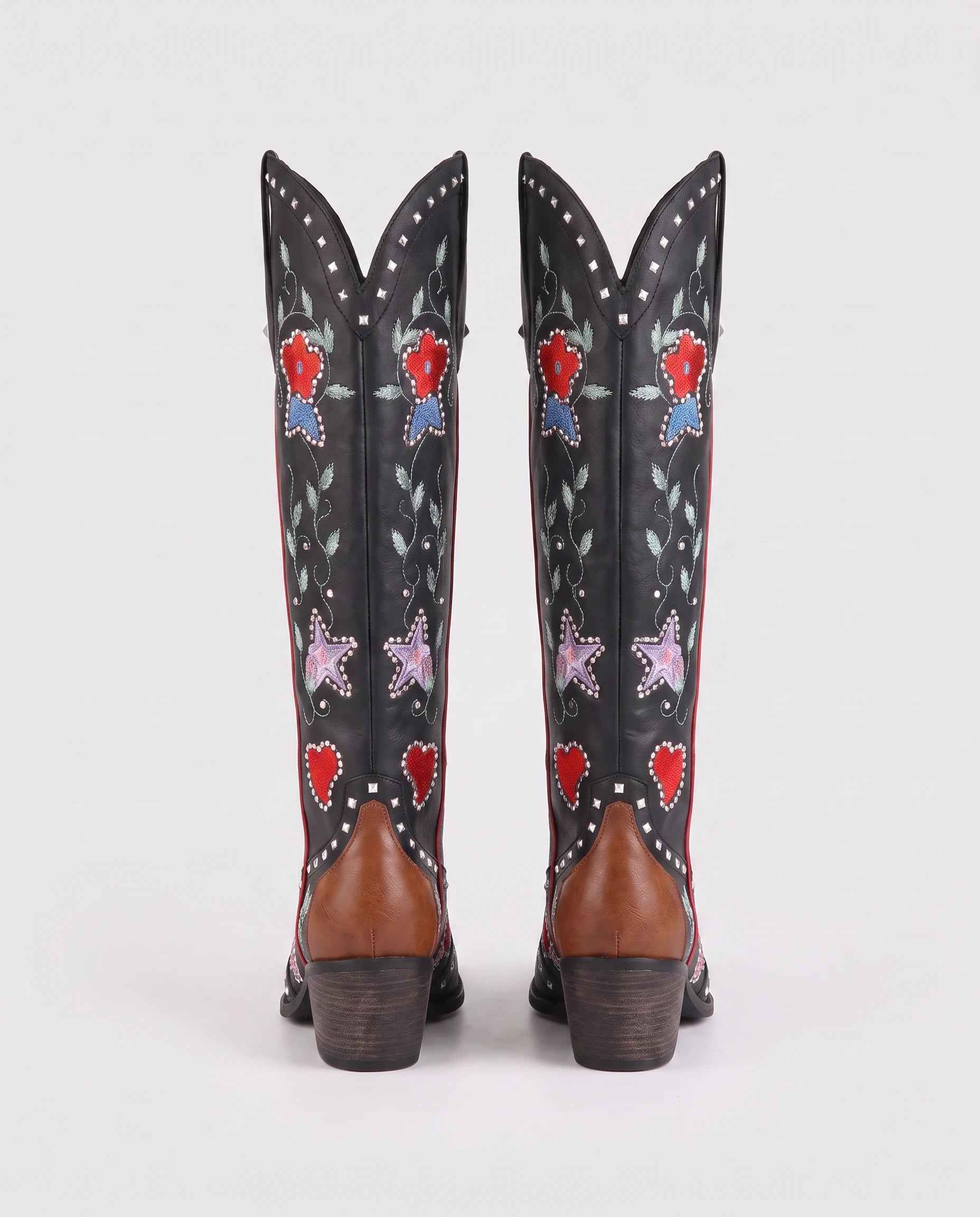 Bottes hautes western brodées à clous en simili Sabeline Noir — packshot, second angle