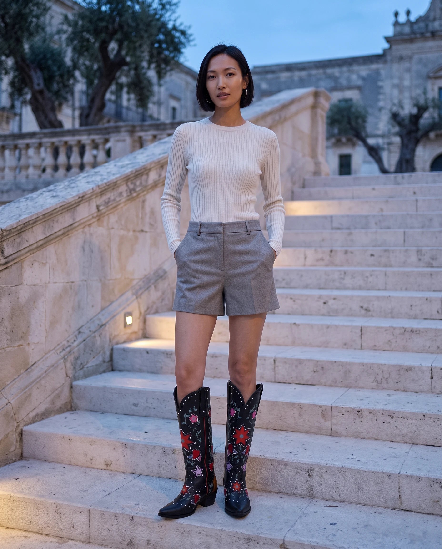 Bottes hautes western brodées à clous en simili Sabeline Noir — portées en extérieur