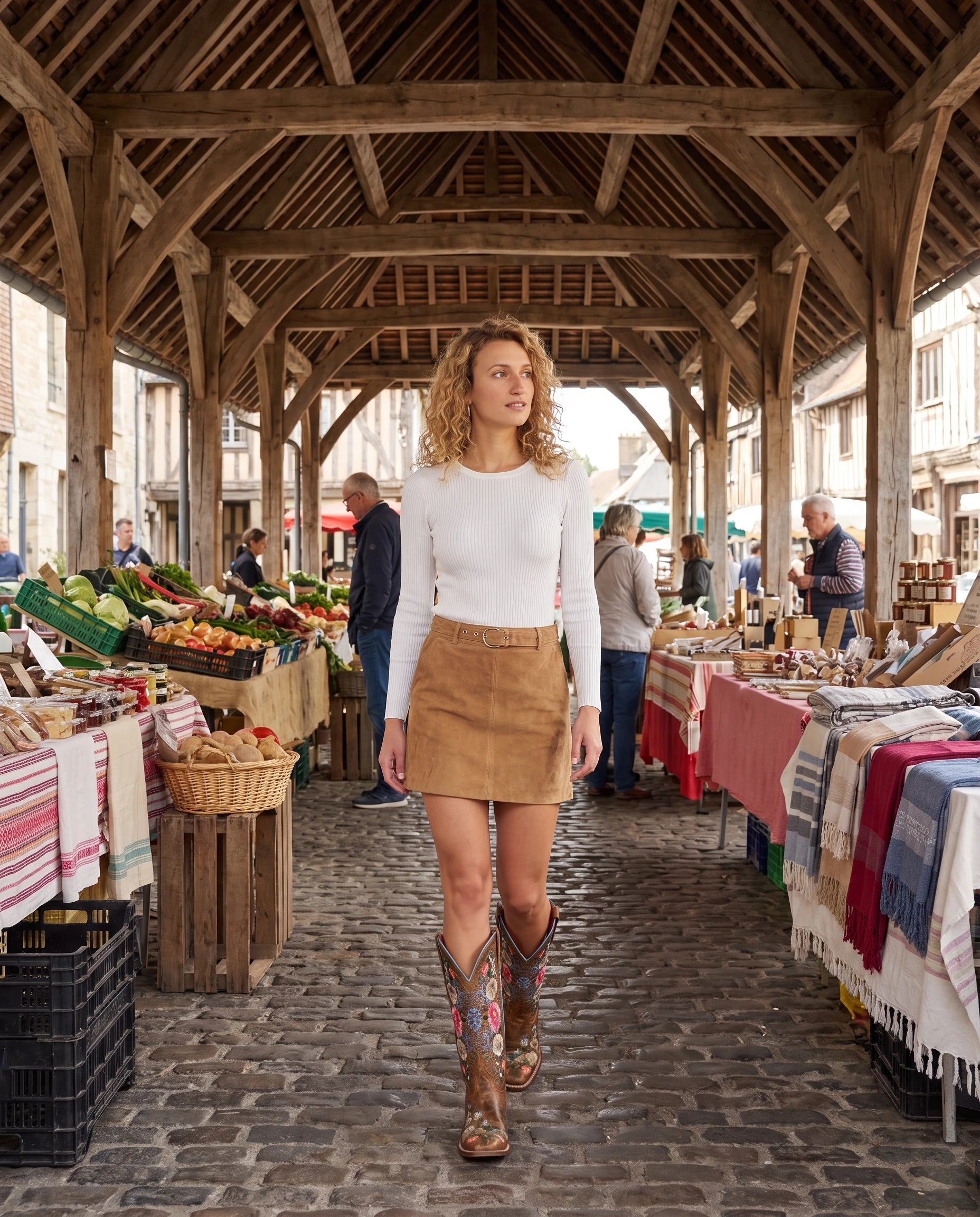 Bottes hautes western brodées en simili Mariette Caramel Vieilli — portées en extérieur
