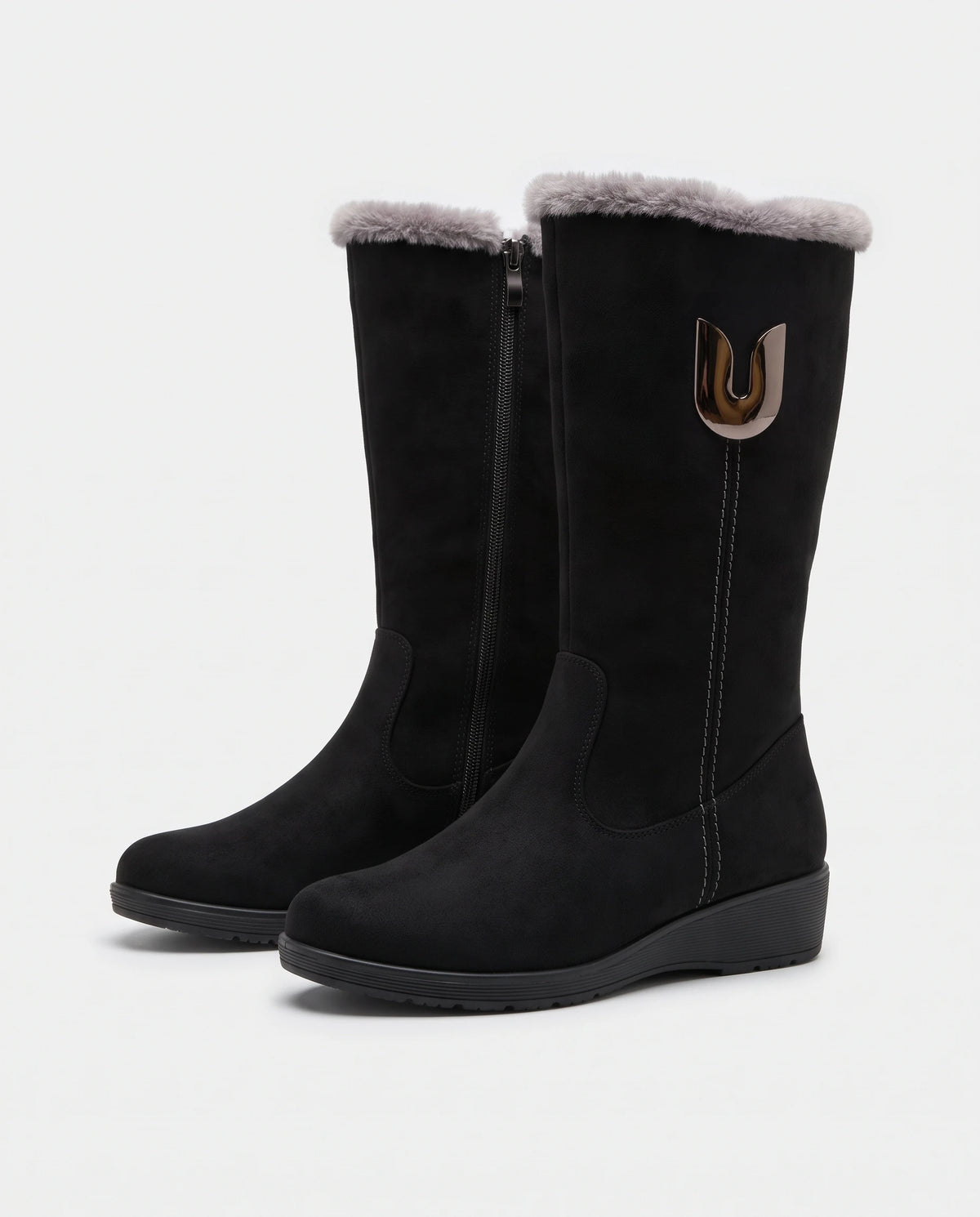 Bottes fourrées zippées en suédine Douce — Noir, paire en packshot studio