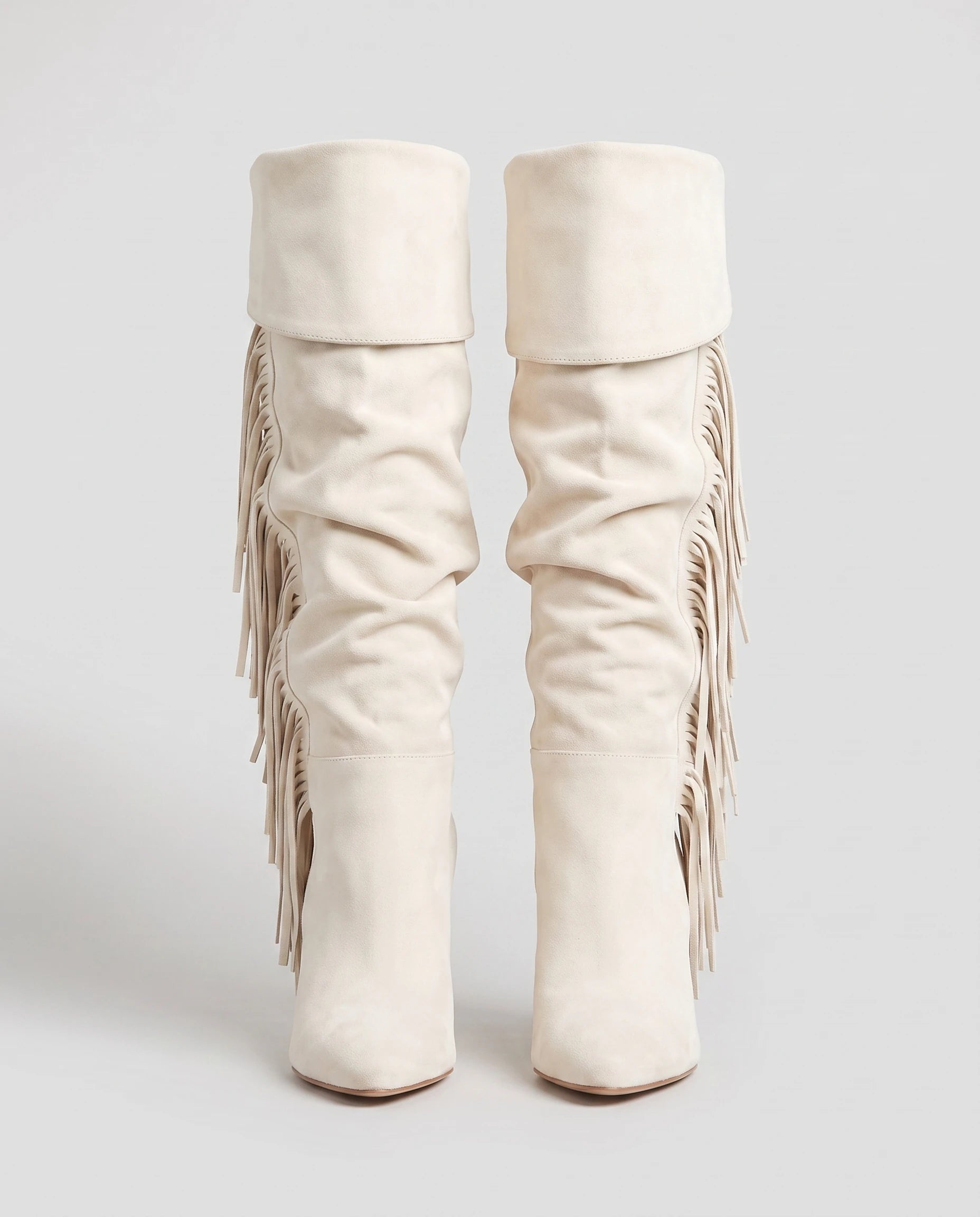 Bottes hautes à franges à talon compensé Alexandrine — Blanc Cassé, paire vue de profil