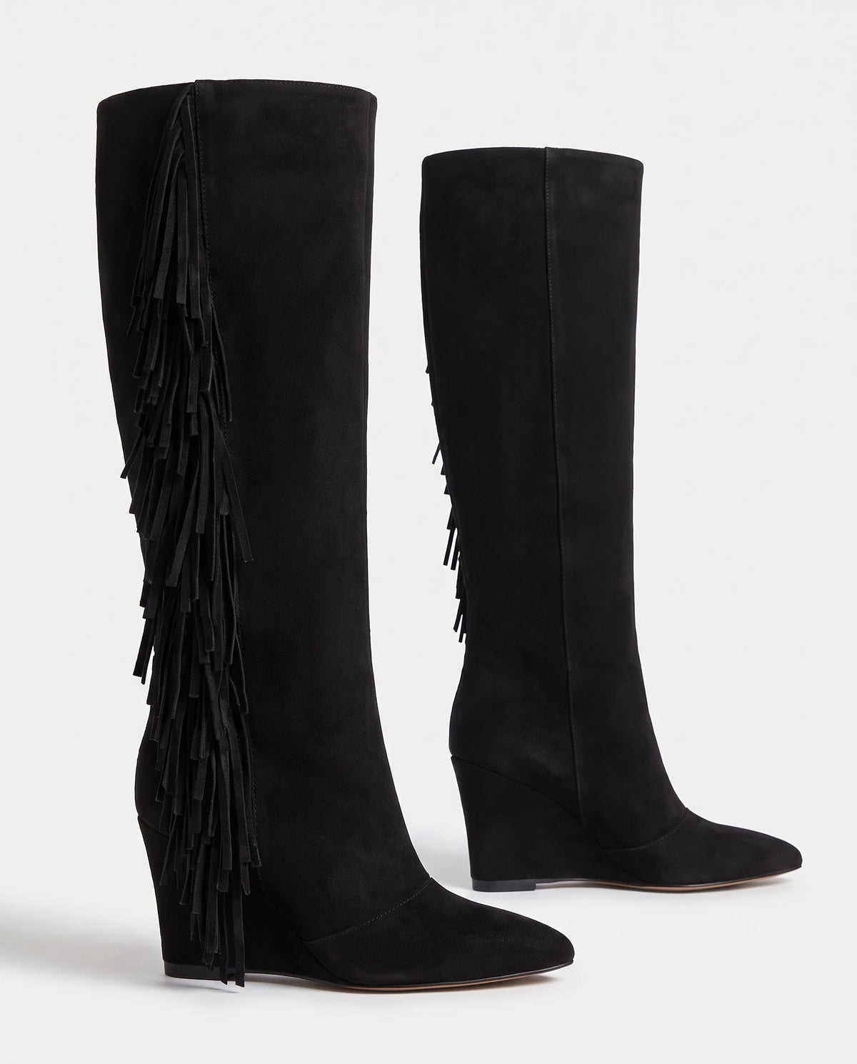 Bottes hautes à franges à talon compensé Alexandrine — Noir, paire vue de trois quarts avant studio