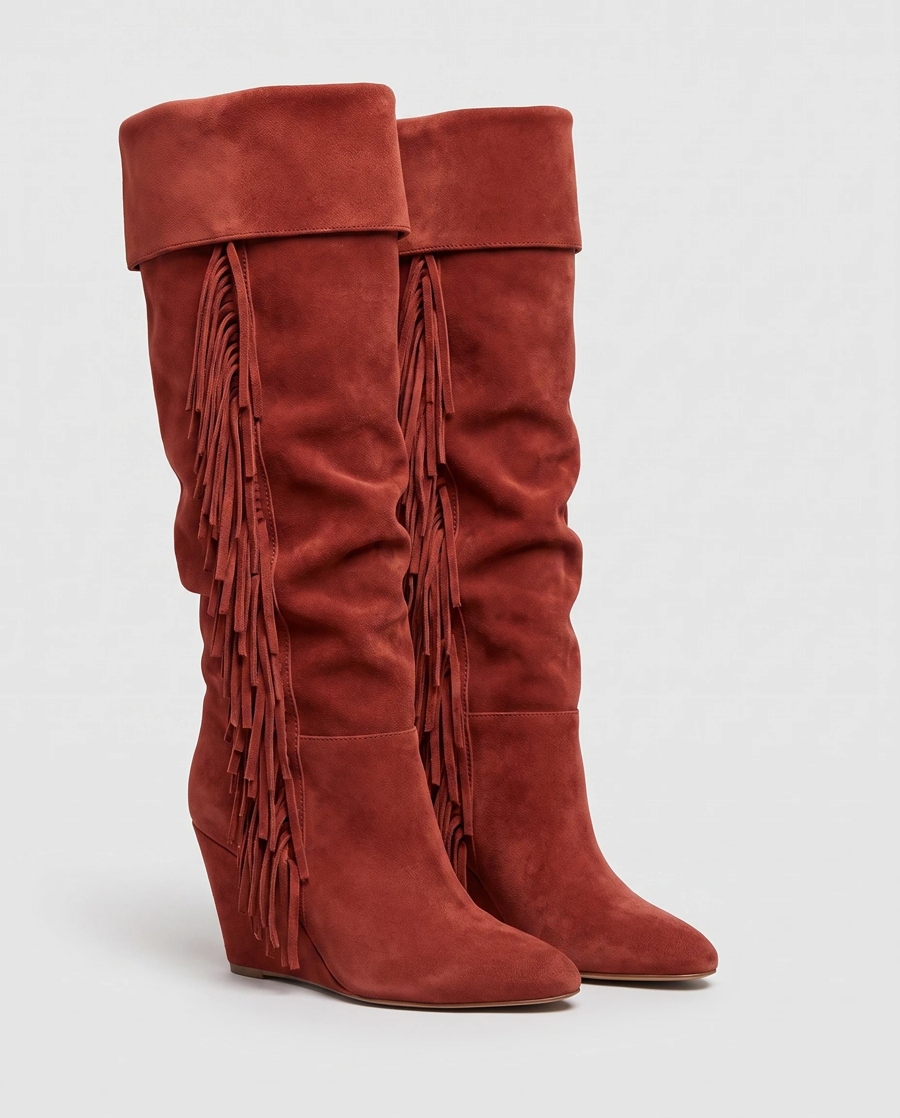 Bottes hautes à franges à talon compensé Alexandrine — Terracotta, paire vue de profil studio