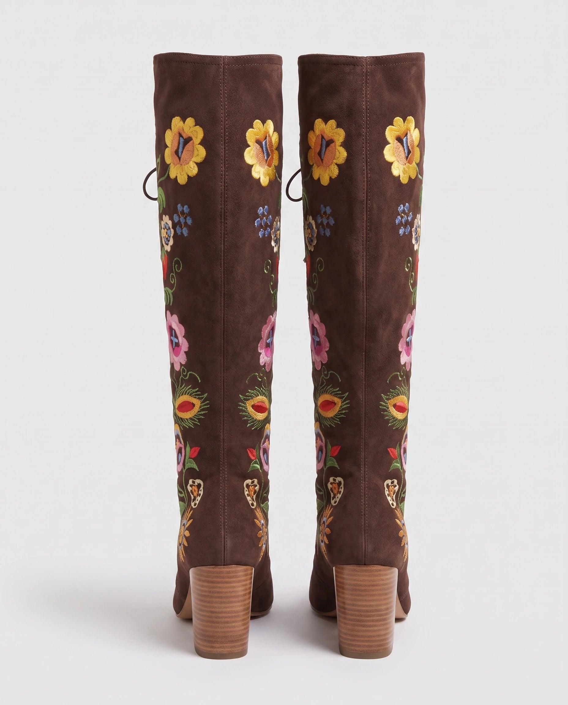Bottes hautes lacées en suédine brodée Laurentine Brun Cacao — packshot, second angle