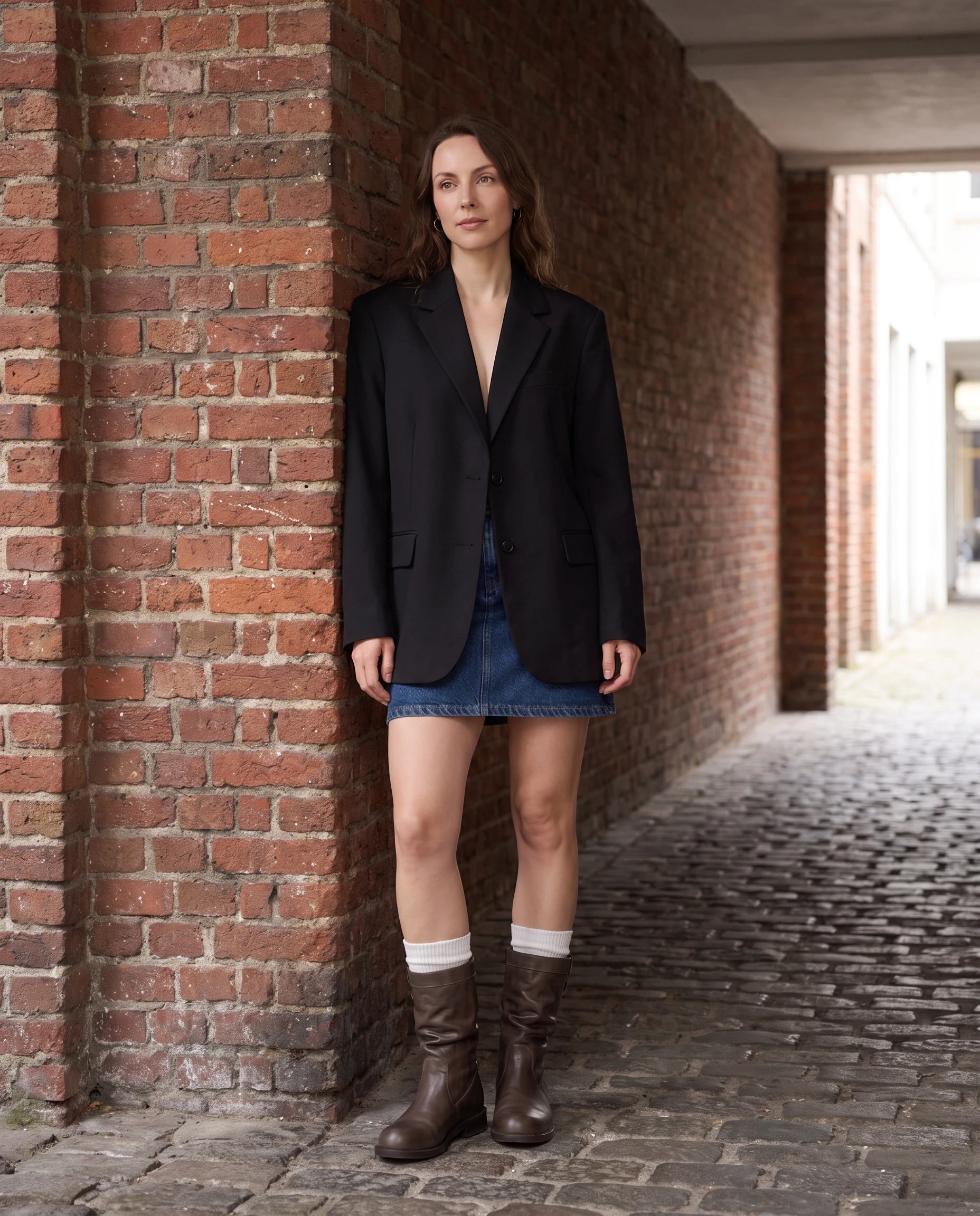 Bottes mi-mollet slouchy en simili Almire Brun Vieilli — portées en extérieur