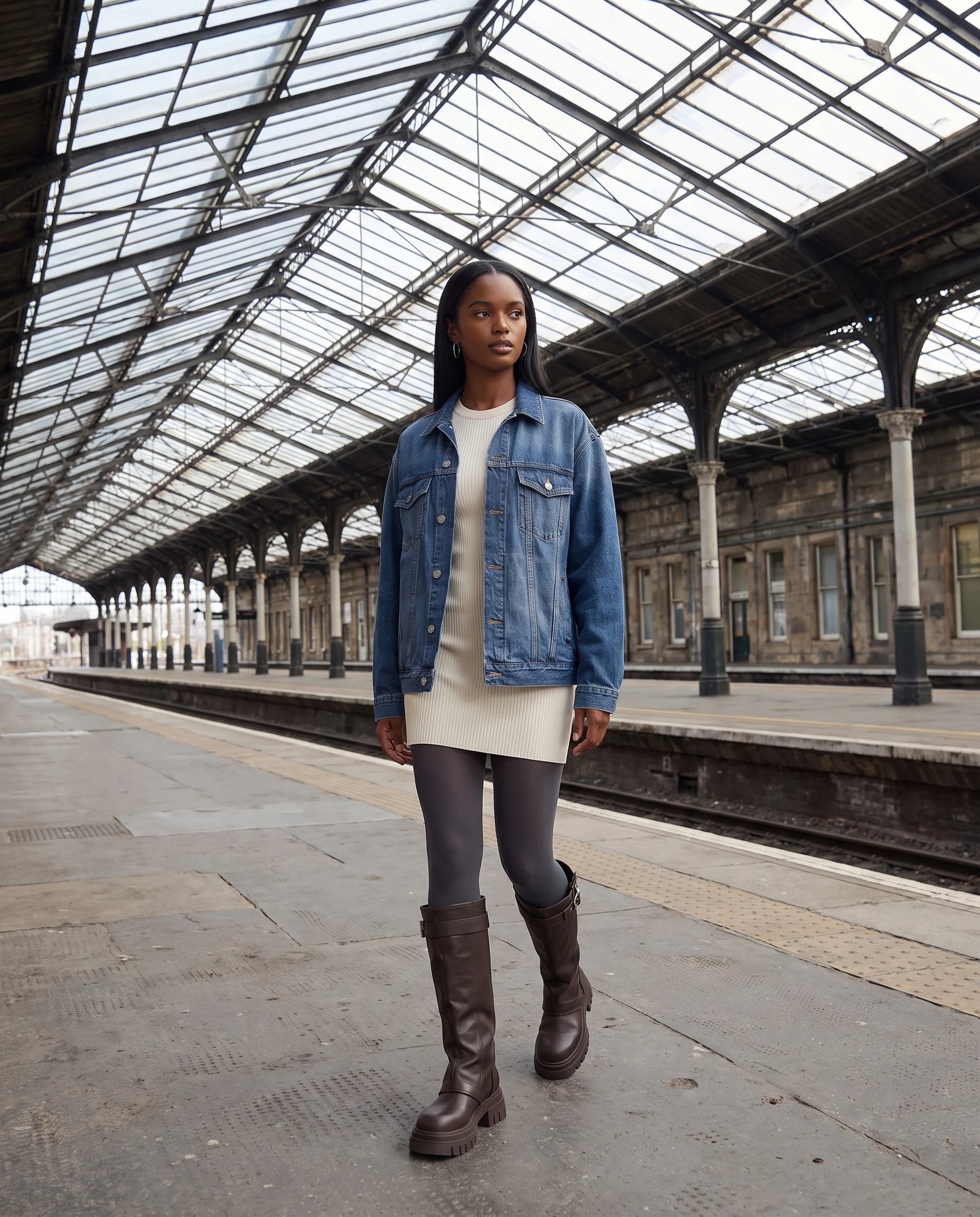 Bottes motardes hautes à zip et boucle Axelle — Chocolat Foncé, portées sur un quai de gare sous verrière