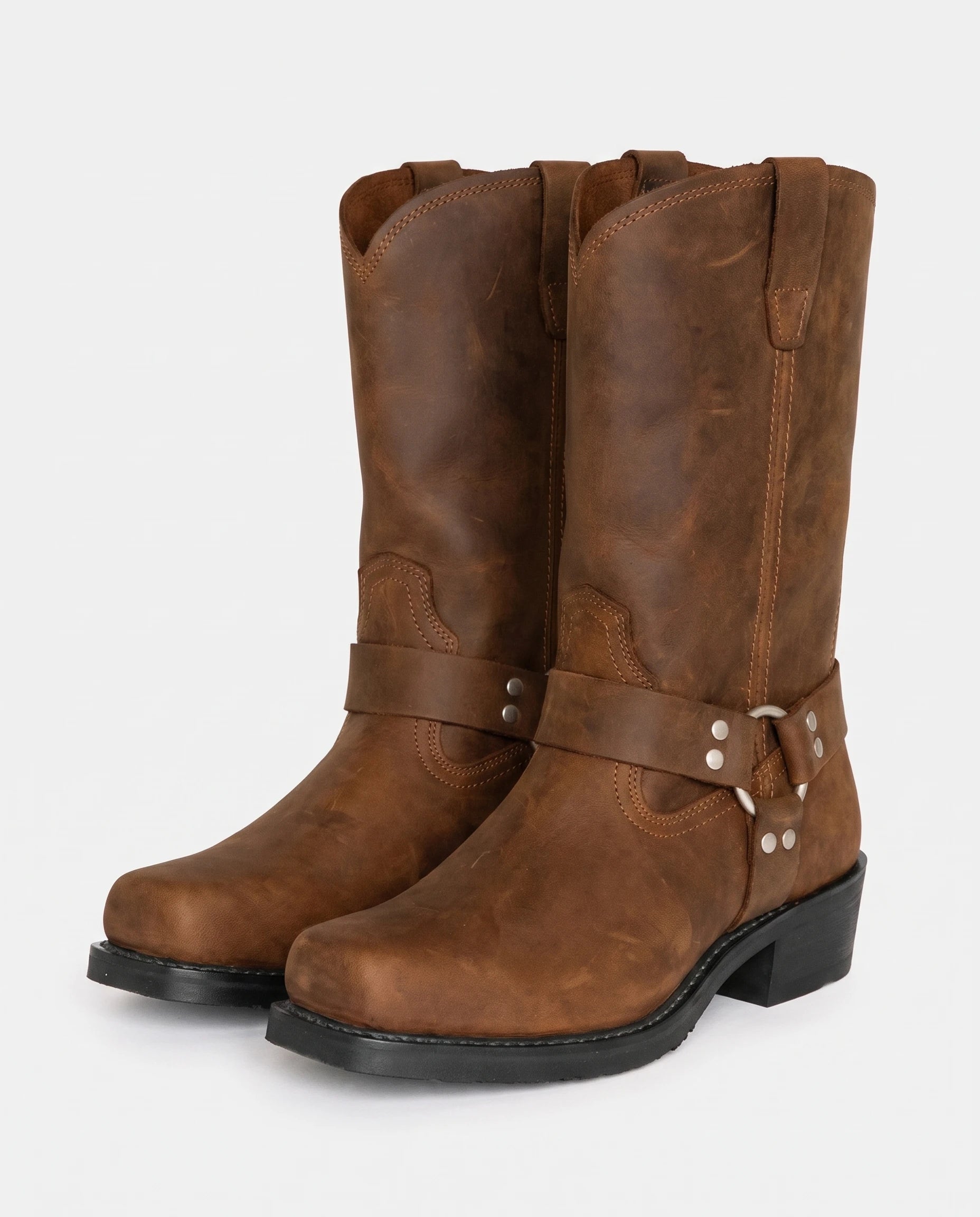 Bottes motardes mi-mollet effet cuir Irmine — Cognac, paire vue de trois quarts studio