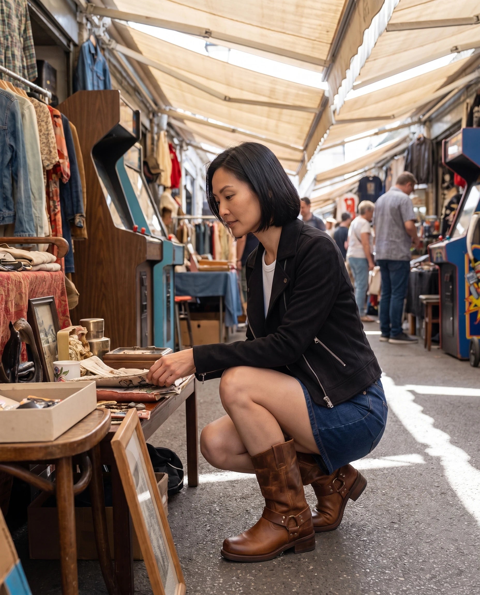 Bottes motardes mi-mollet effet cuir Irmine — Cognac, portées sous les arcades d'un marché aux puces