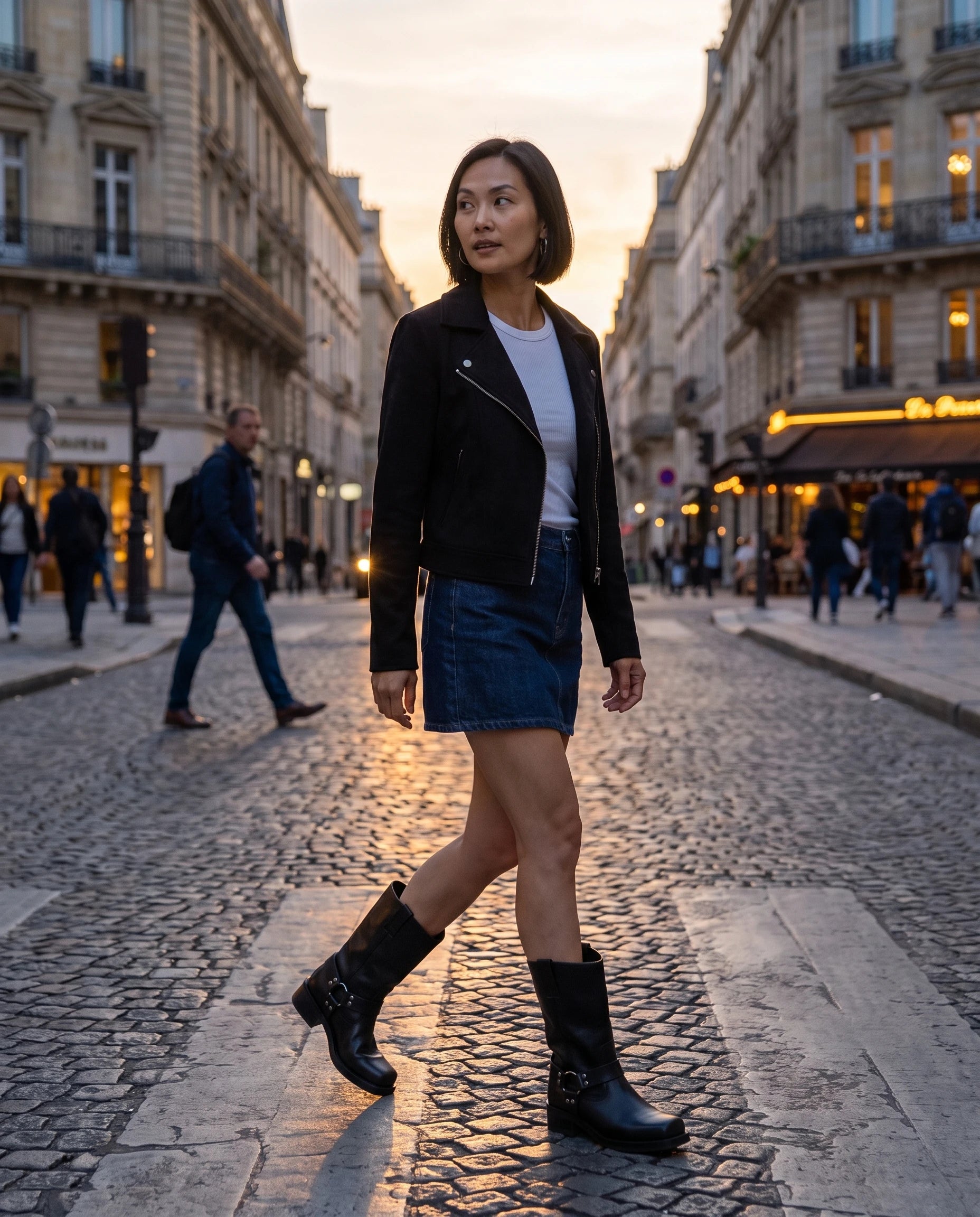Bottes motardes mi-mollet effet cuir Irmine — Noir, portées dans une rue pavée parisienne au crépuscule