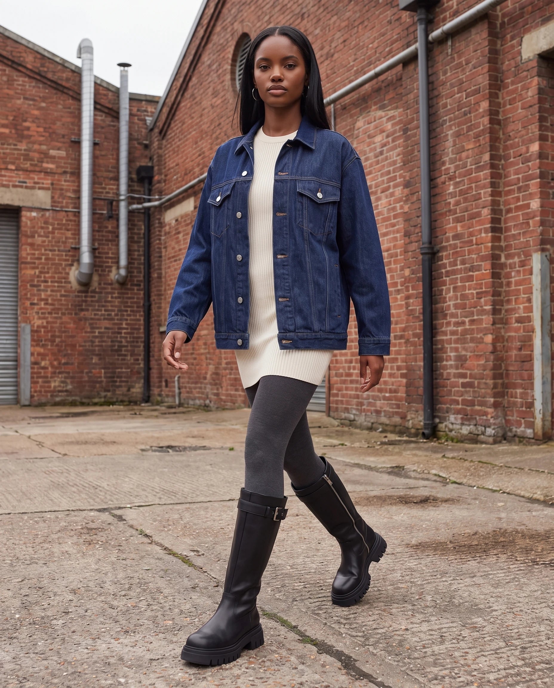 Bottes motardes hautes à zip et boucle Axelle — Noir, portées dans une cour industrielle en briques rouges