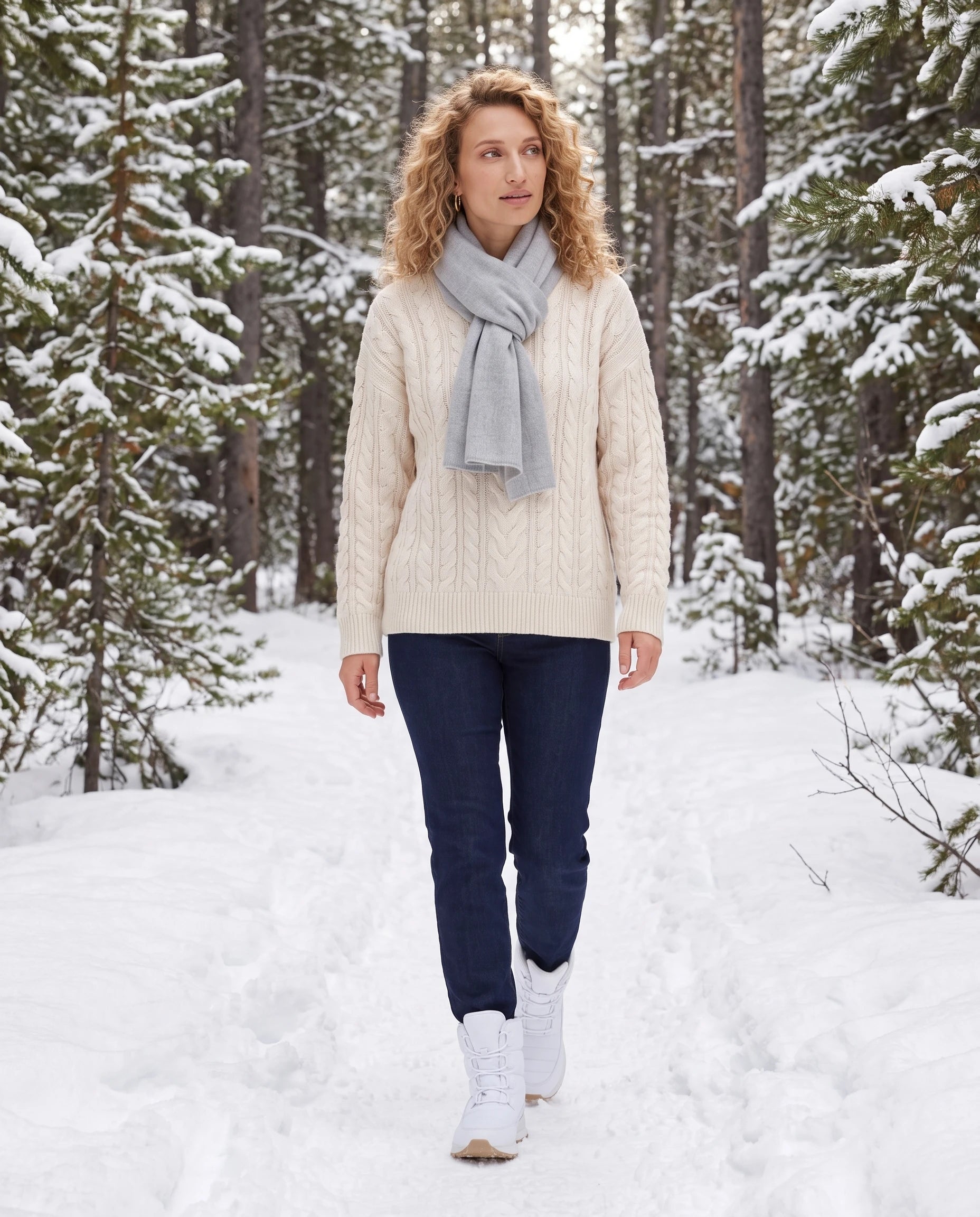 Bottes de neige fourrées à lacets Lorraine — Blanc, portées sur un sentier forestier enneigé bordé de sapins