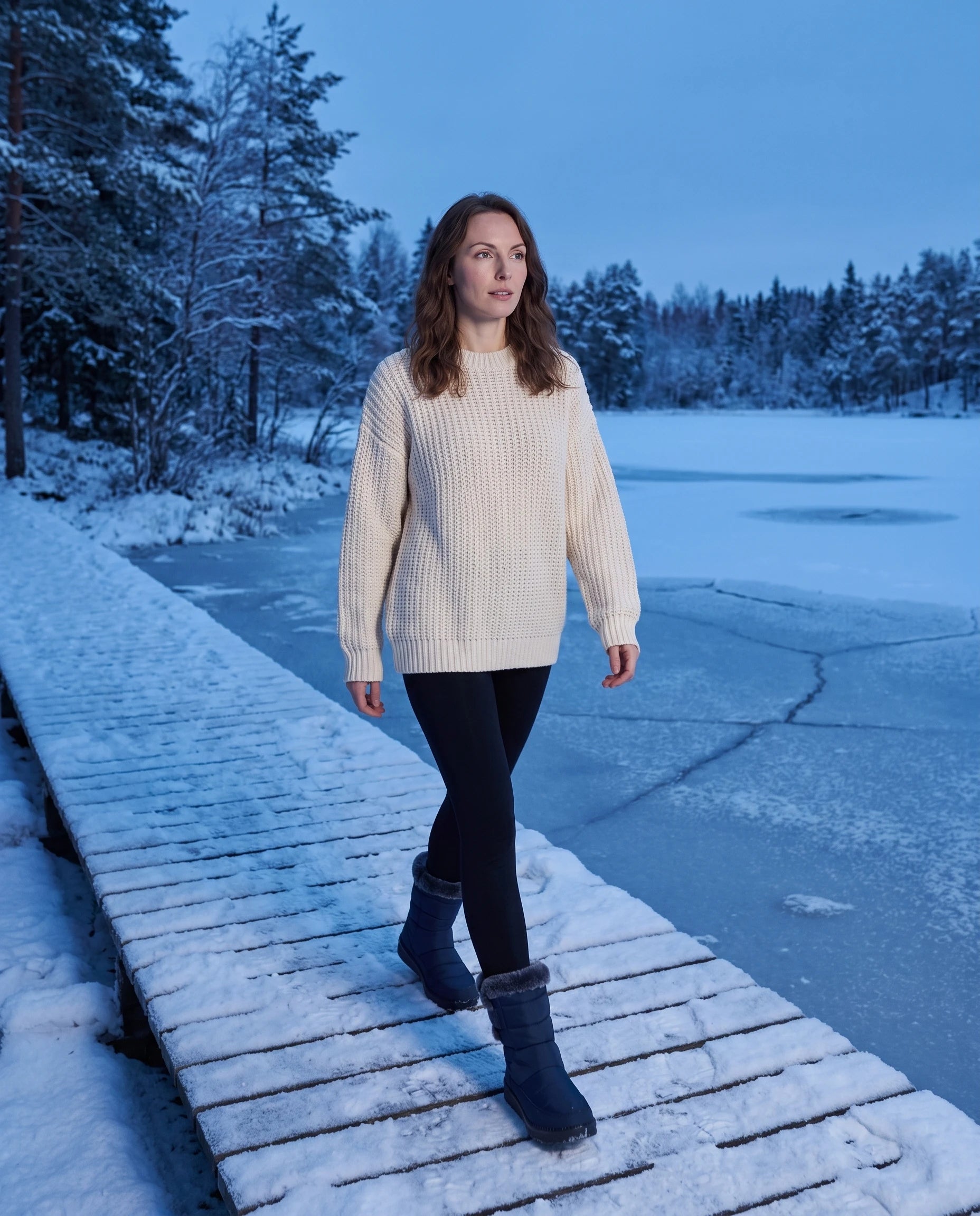 Bottes de neige matelassées imperméables Astride — Bleu Marine, portées en extérieur