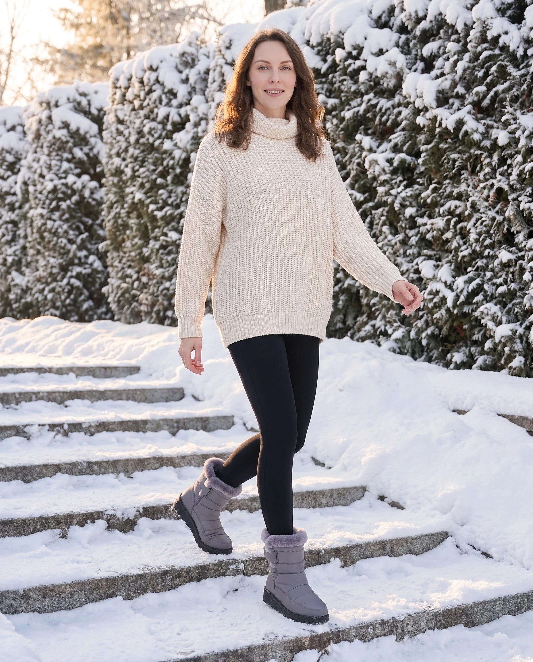 Bottes de neige matelassées imperméables Astride — Gris, portées en extérieur