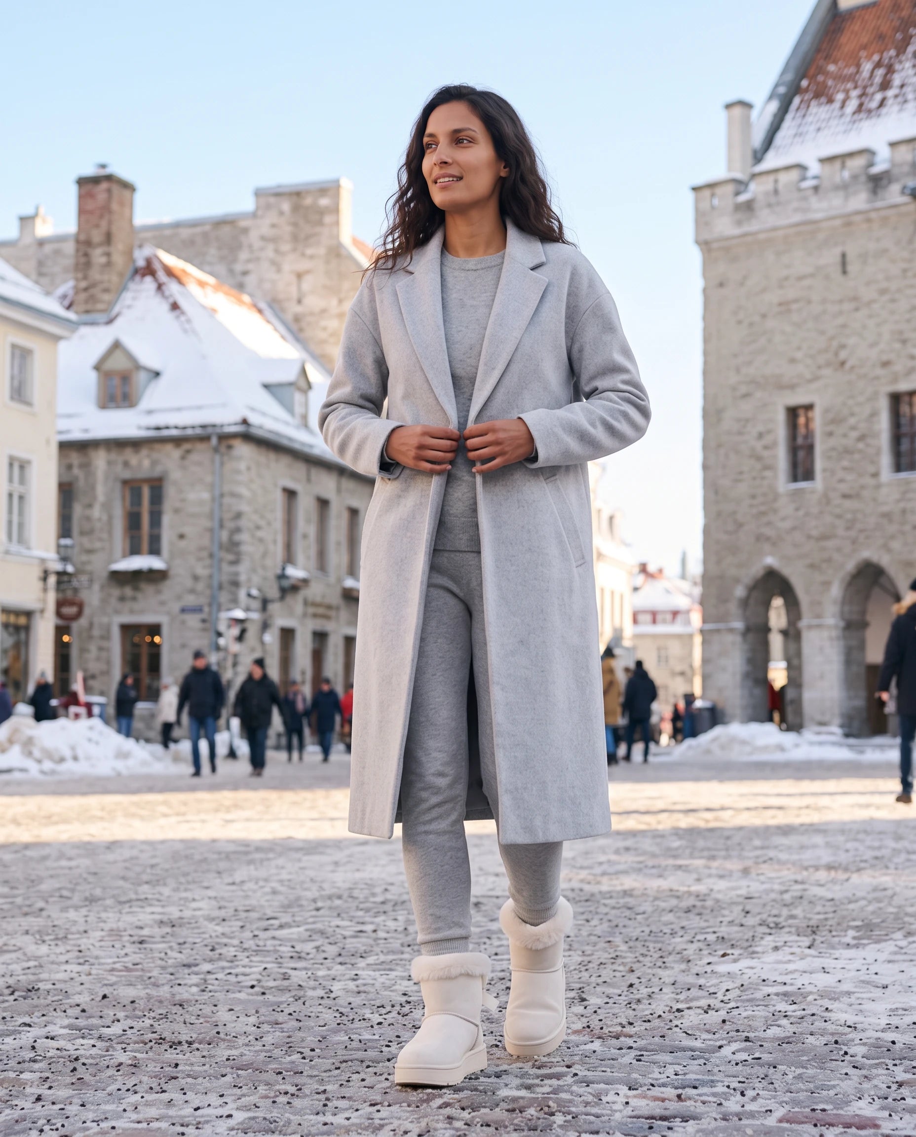 Bottes de neige à nœud et col fourrure Opaline — Blanc, portées en situation urbaine