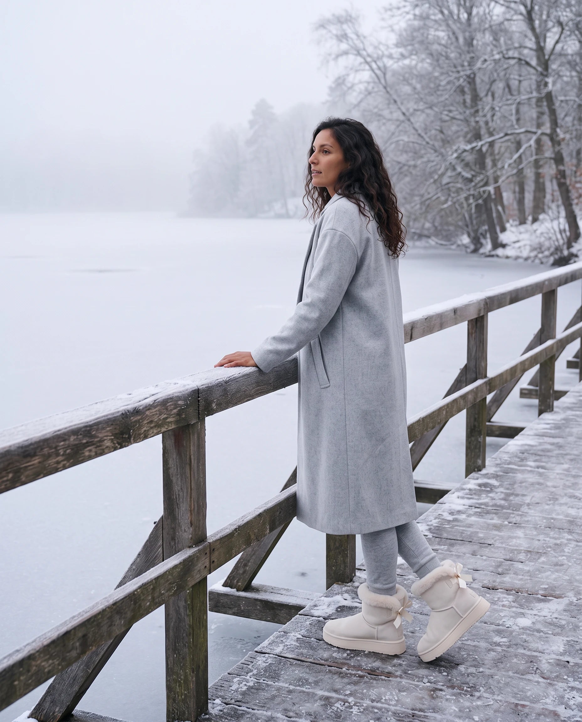 Bottes de neige à nœud et col fourrure Opaline — Blanc, portées en extérieur