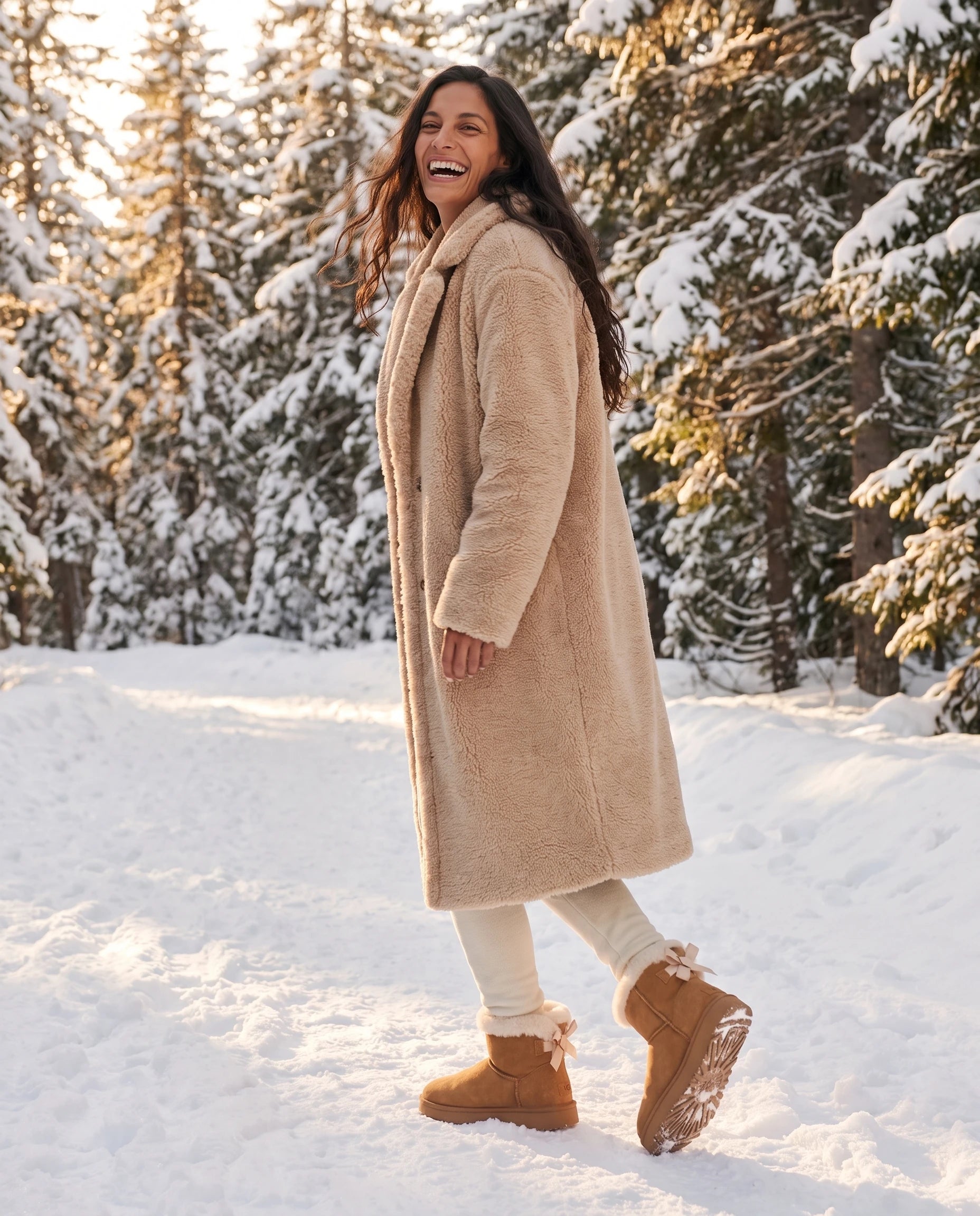 Bottes de neige à nœud et col fourrure Opaline — Camel, portées en extérieur