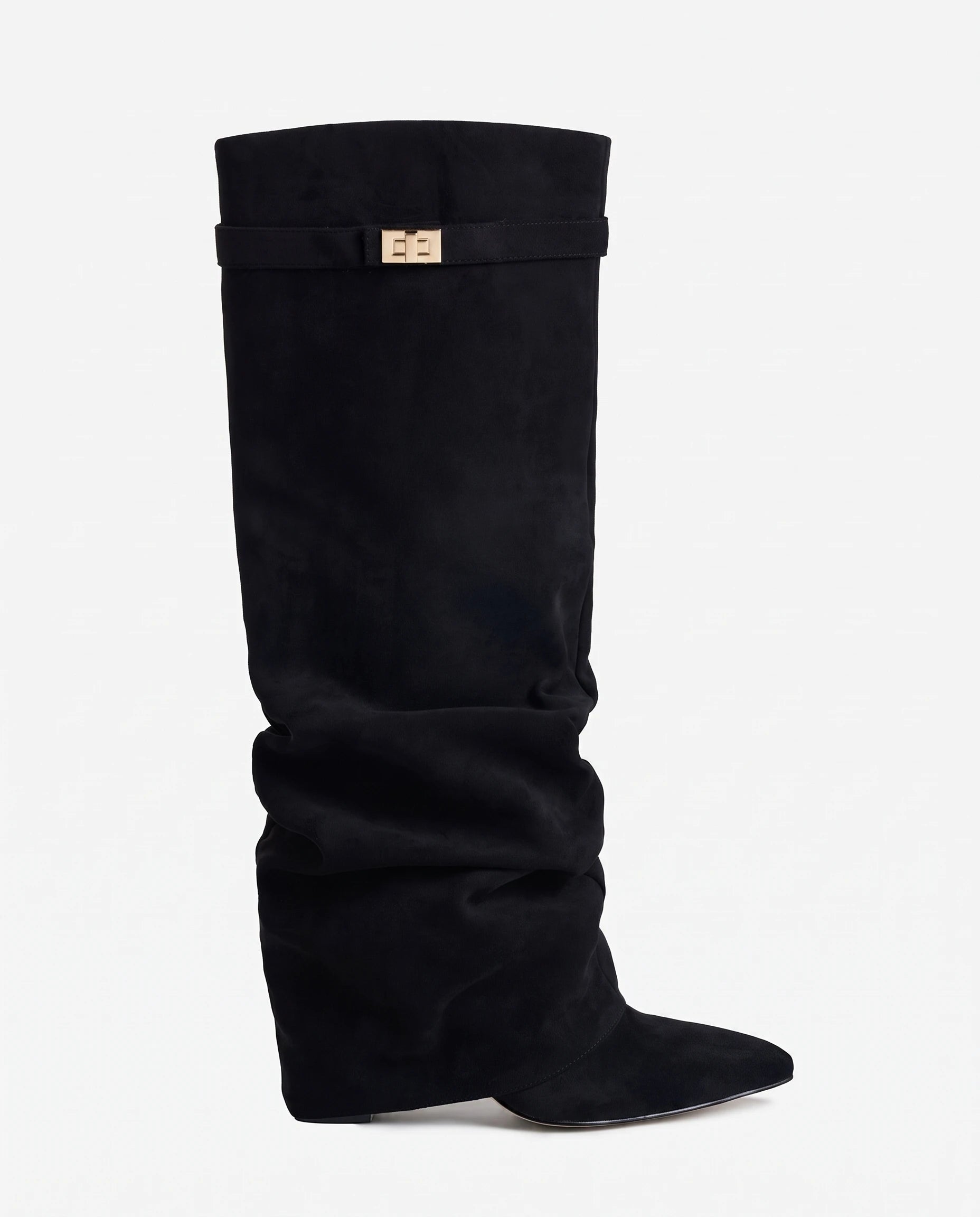 Bottes hautes slouchy en suédine Athénaïs — Noir, vue de profil studio