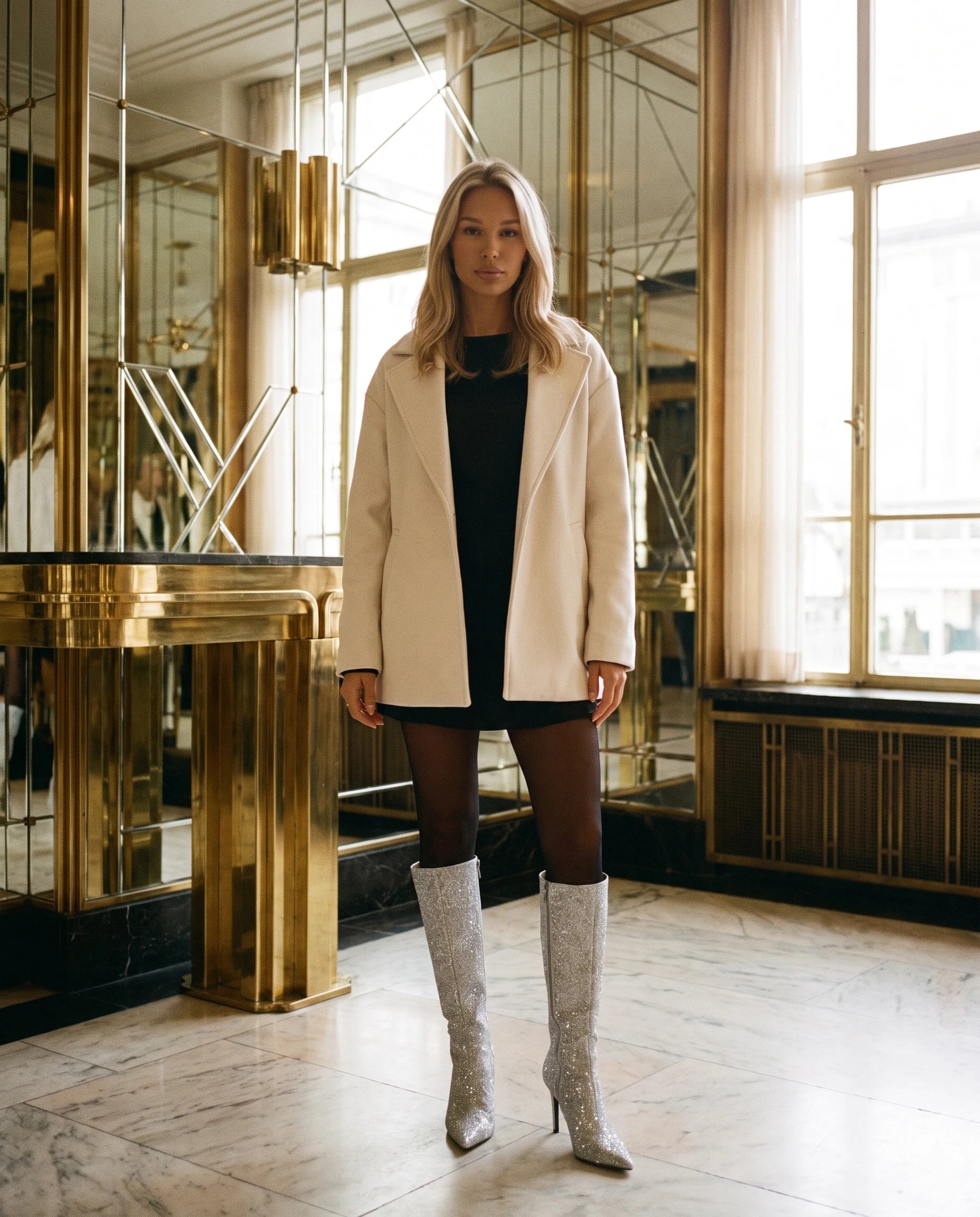 Bottes hautes à paillettes à talon aiguille Amarante — Argent, portées dans un hall Art déco aux miroirs