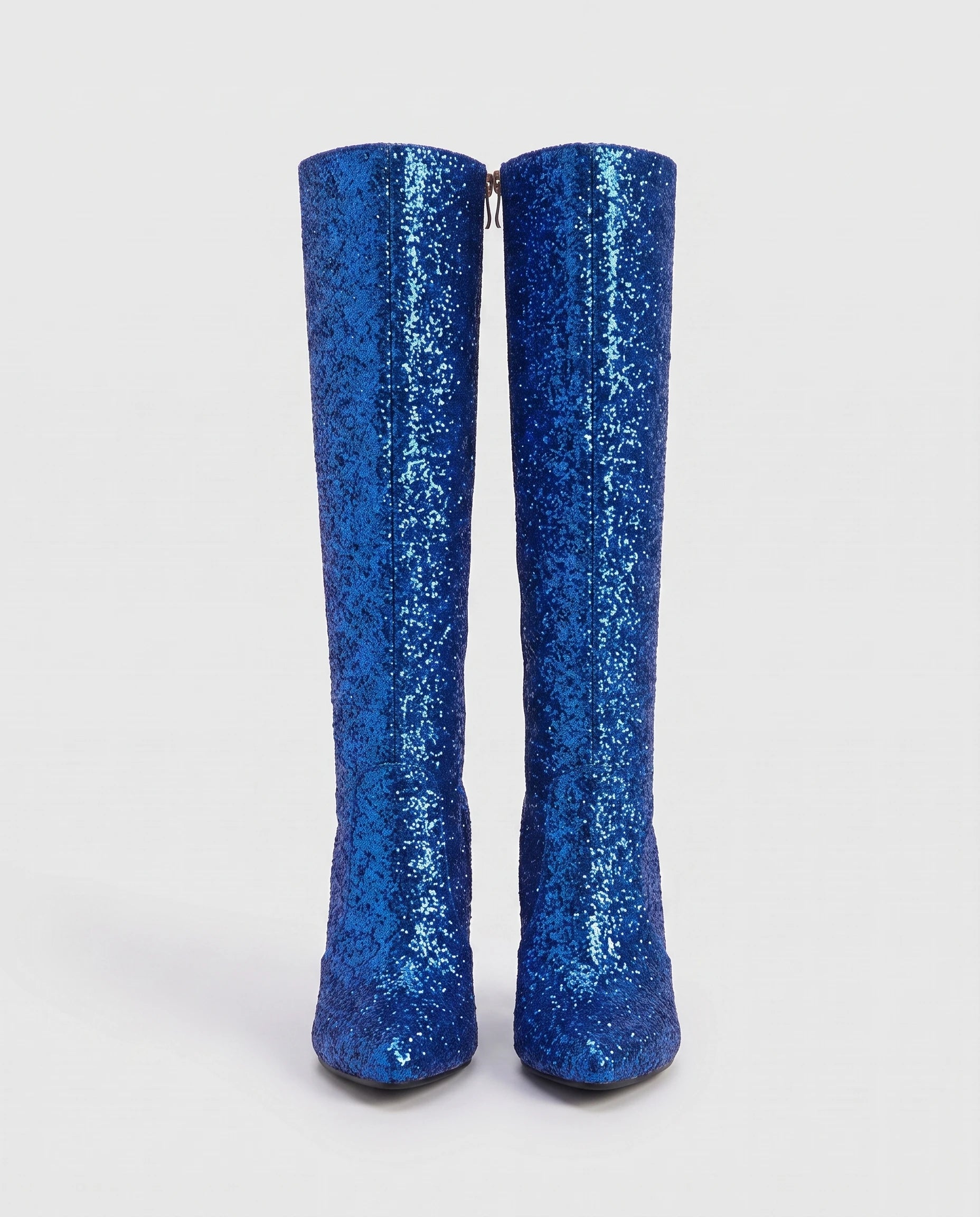 Bottes hautes à paillettes à talon large Éliette — Bleu Royal, paire vue de face en studio