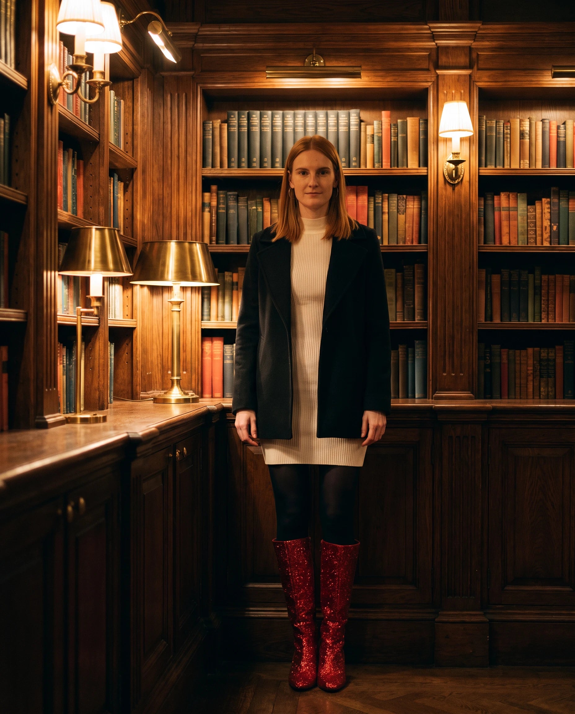Bottes hautes à paillettes à talon large Éliette — Rouge, portées dans une bibliothèque aux boiseries le soir