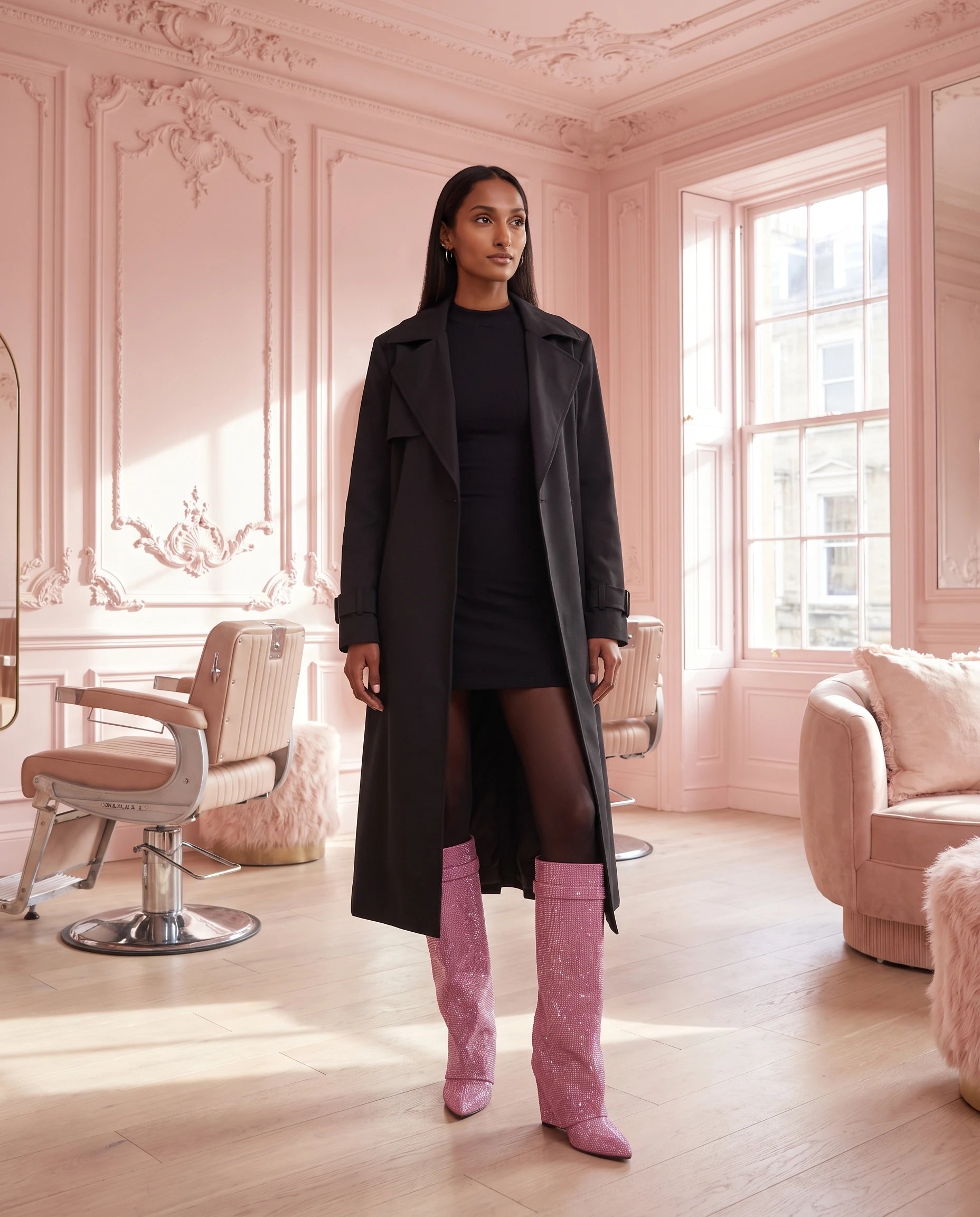 Bottes hautes à rabat et cadenas à strass Aymeline — Rose Bonbon, portées dans un salon rose poudré aux moulures